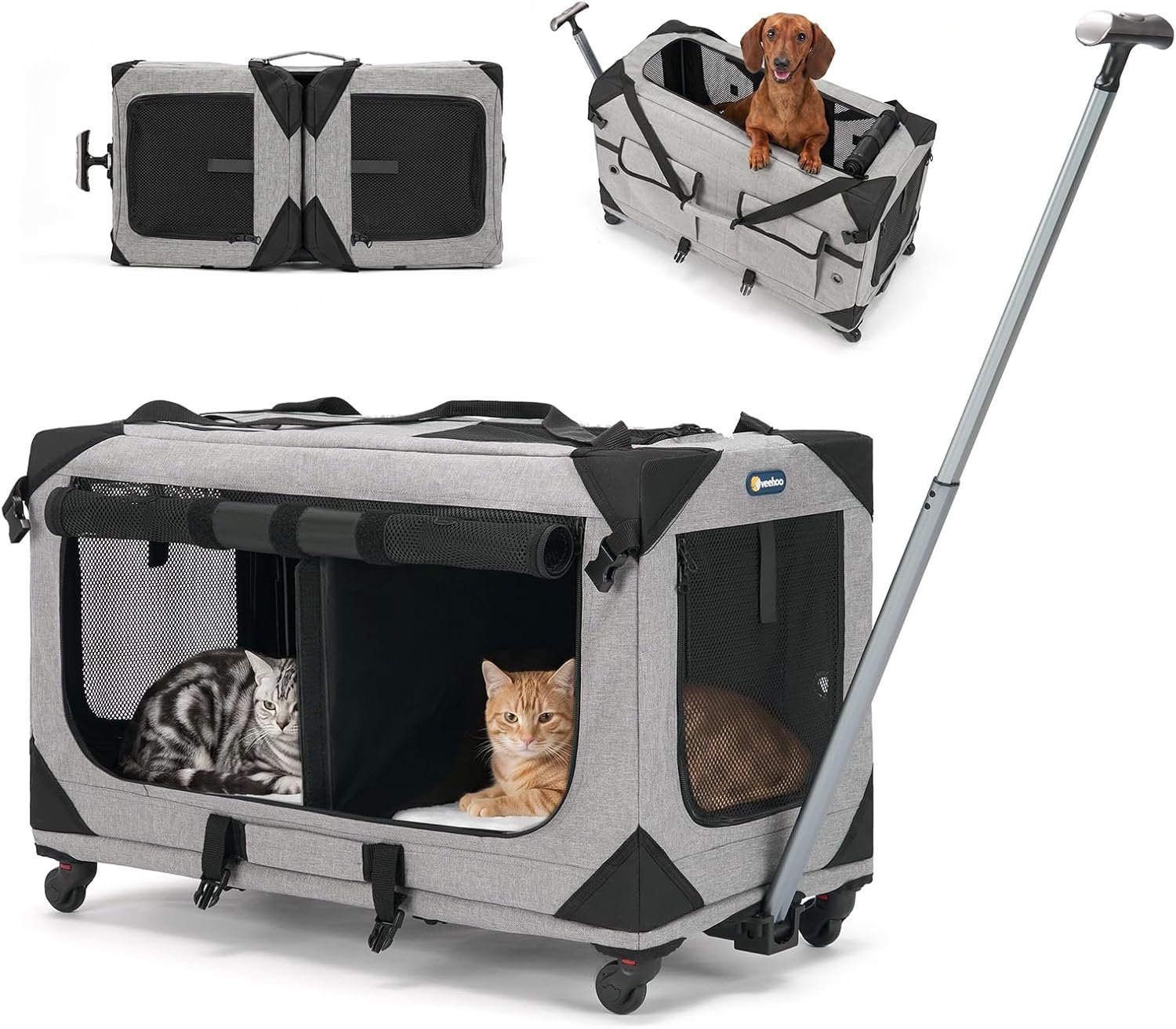 Veehoo Pet Carrier with Wheels for 2 Cats, Foldable Rolling Cat Carrier with Removable Divider & Telescopic Handle, Soft-Sided Pet Travel Carrier Support up to 40 Lbs