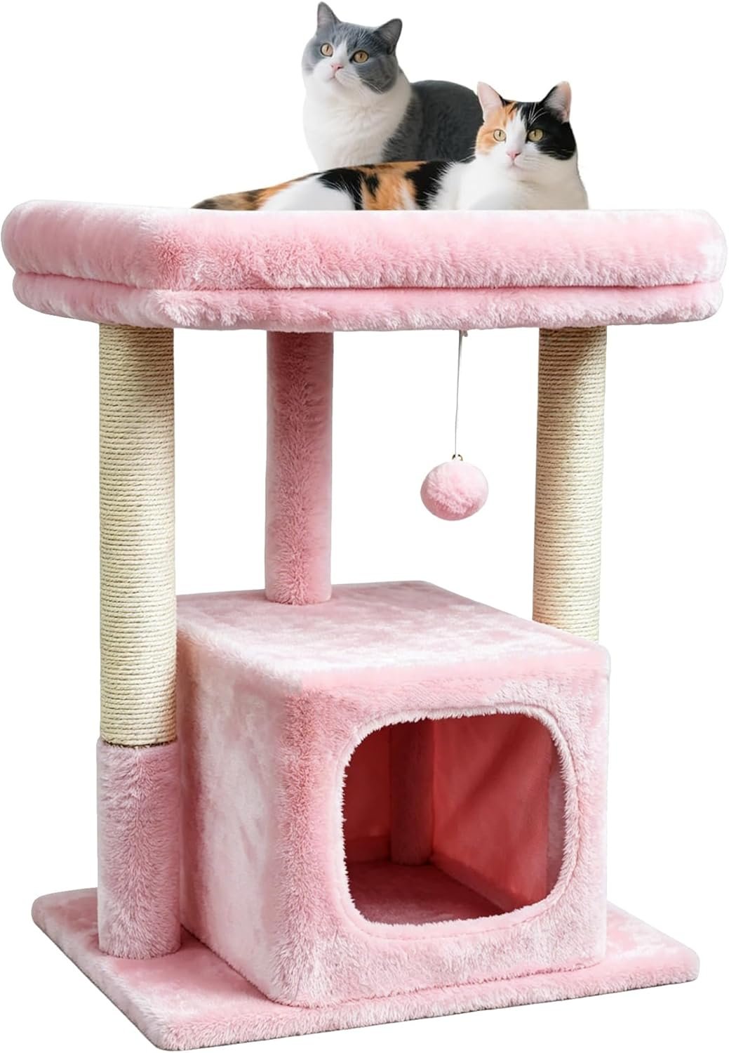 SYANDLVY Small Cat Tree for Indoor Cats Large Adult, 27″ Activity Tower with Scratching Posts, Modern House with Padded Perch, Kittens Condo, Cat Cave, Pink
