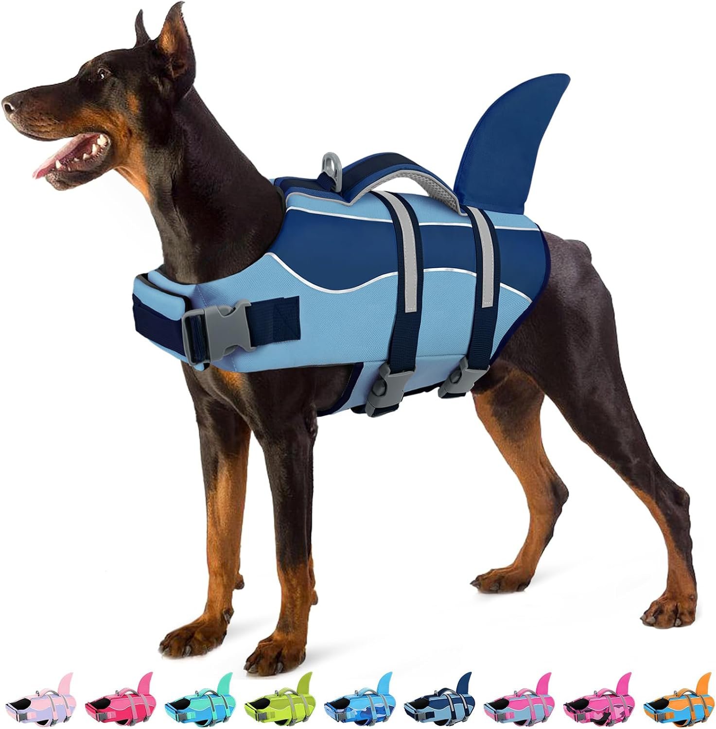 Dog Life Jacket – Shark Dog Life Vest for Swimming Boating, Reflective Lifejacket with High Buoyancy and Rescue Handle, Adjustable Lifesaver for Small Medium Large Breeds, Blue M