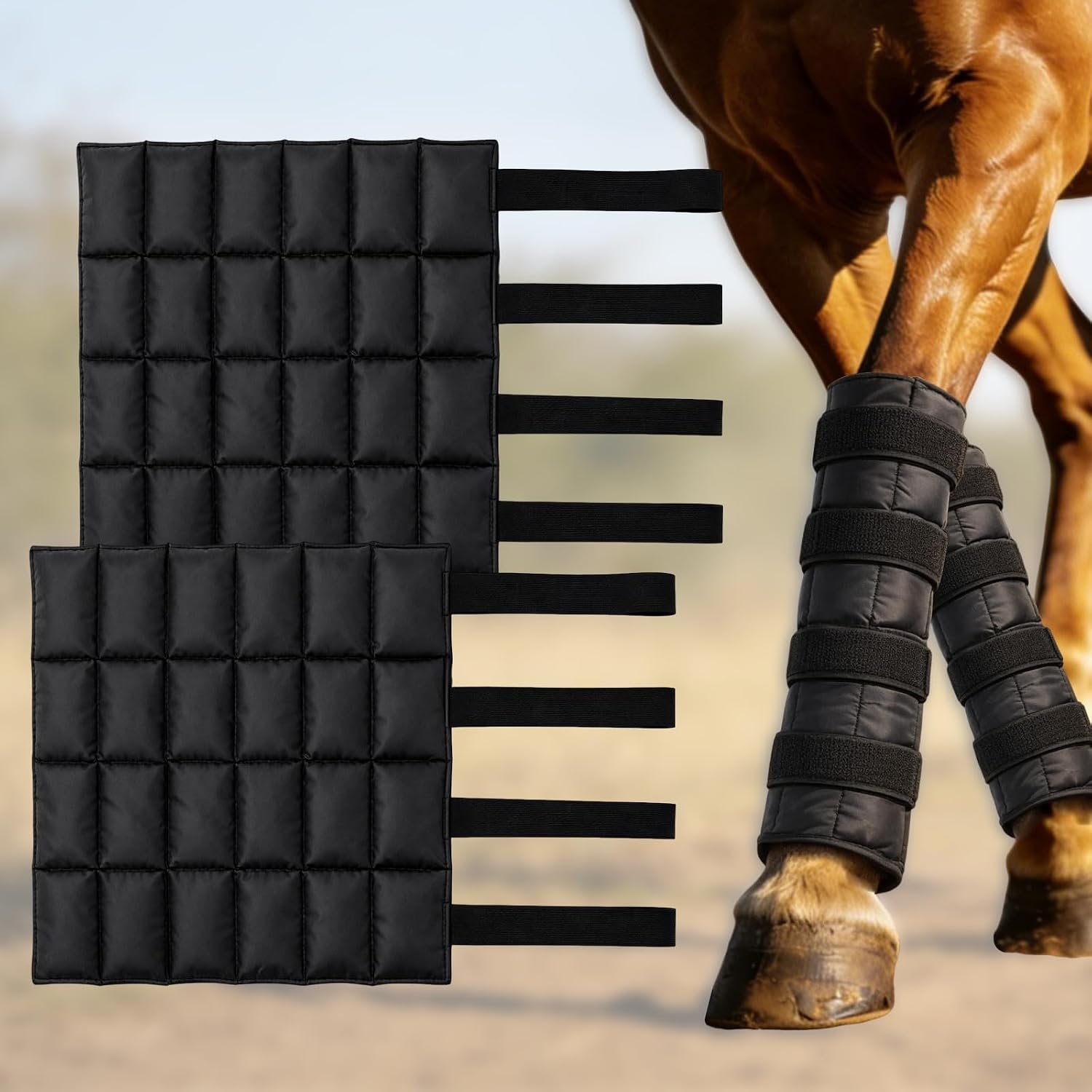 Horse Ice Boots 2 Pack, Horse Leg Wraps for Injury Recovery & Post Exercise Therapy, Full Leg Ice Pack Wraps with Adjustable Straps for Hock, Ankle, Knee, Legs and Hooves (Black)