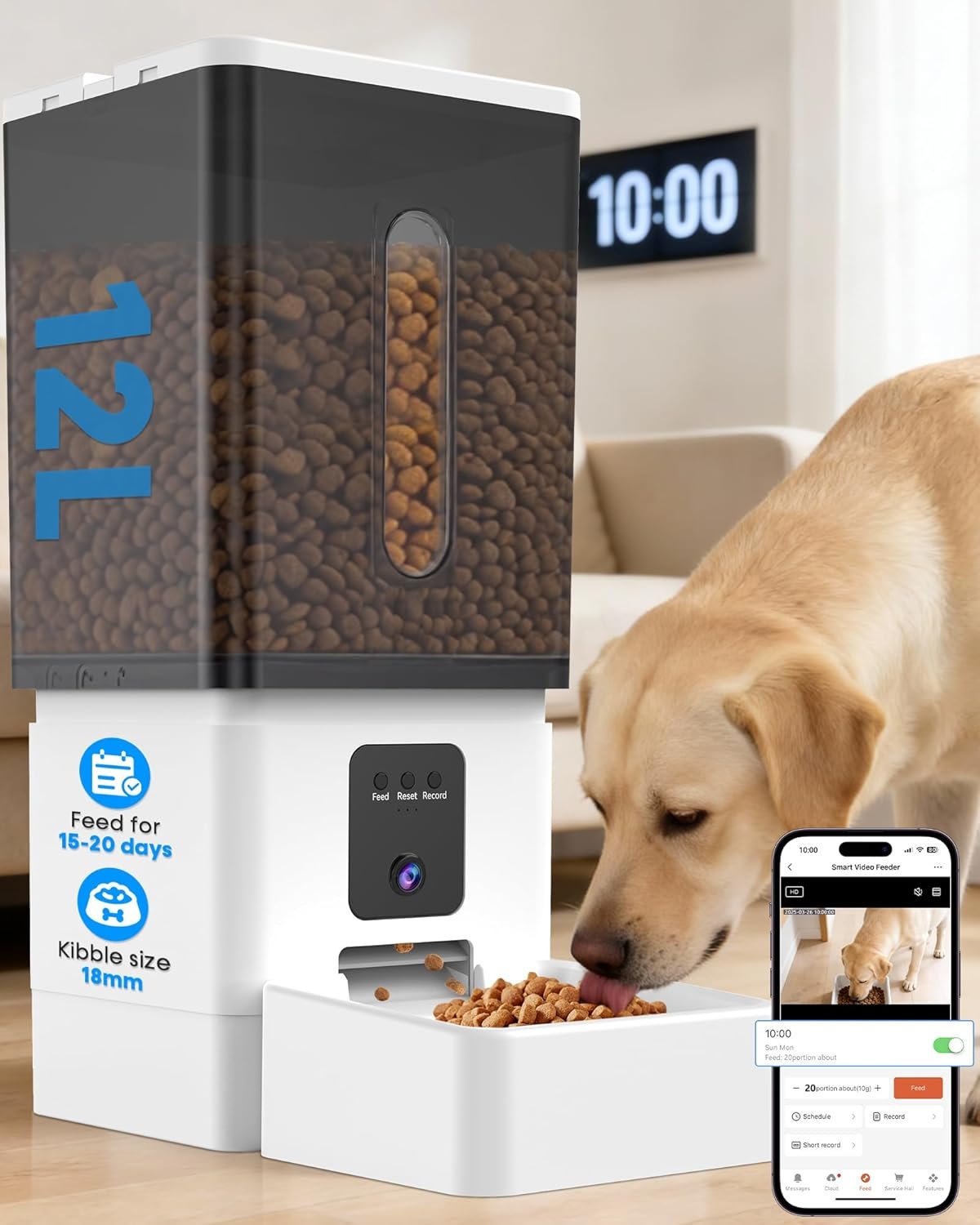 12L Large Dog Automatic Feeder with HD 1080P Camera: 50 Cups/20-Day Food Capacity for Travel & Business Trips – Anti-Clog for 2-18mm Large Kibble