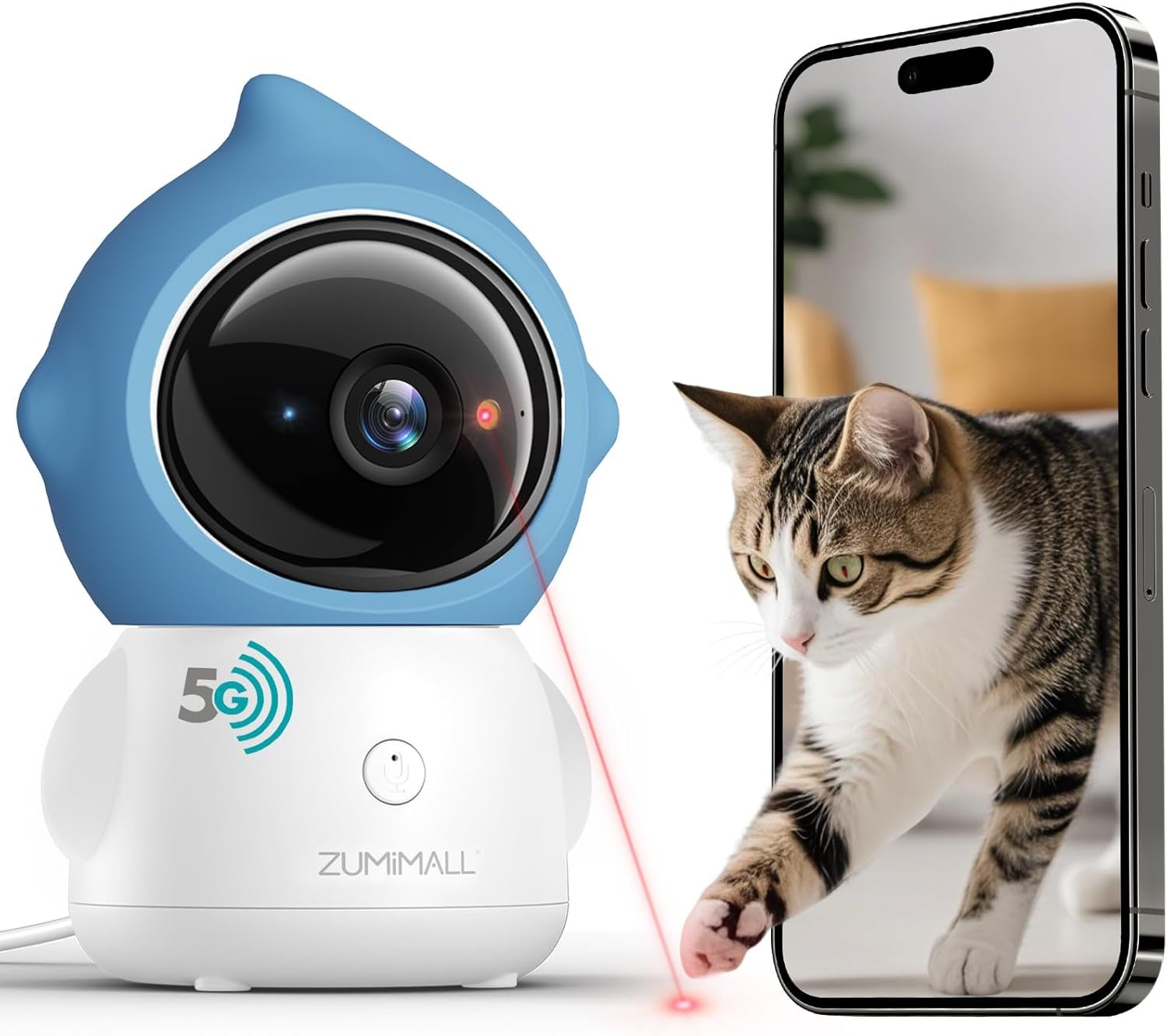 ZUMIMALL Pet Camera Indoor, 5G/2.4G WiFi Camera for Dog/Cat with Play Toy, 2K Pet Security Cameras with Phone App, 2-Way Talk, Auto Tracking, Pet/PIR/AI Detection, Privacy Protect, Alexa/ONVIF/Cloud
