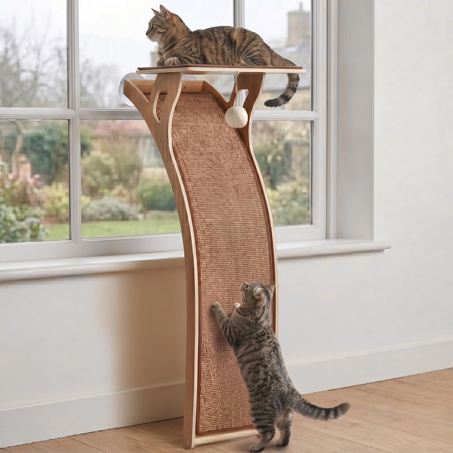 JKXJKX 47″ Floor Standing Cat Window Perch with Curved Scratching Ramp, 80 Lbs Heavy Duty Window Bed Seat with Suction Cups, Furniture for Large Cats Indoor Bird Watching