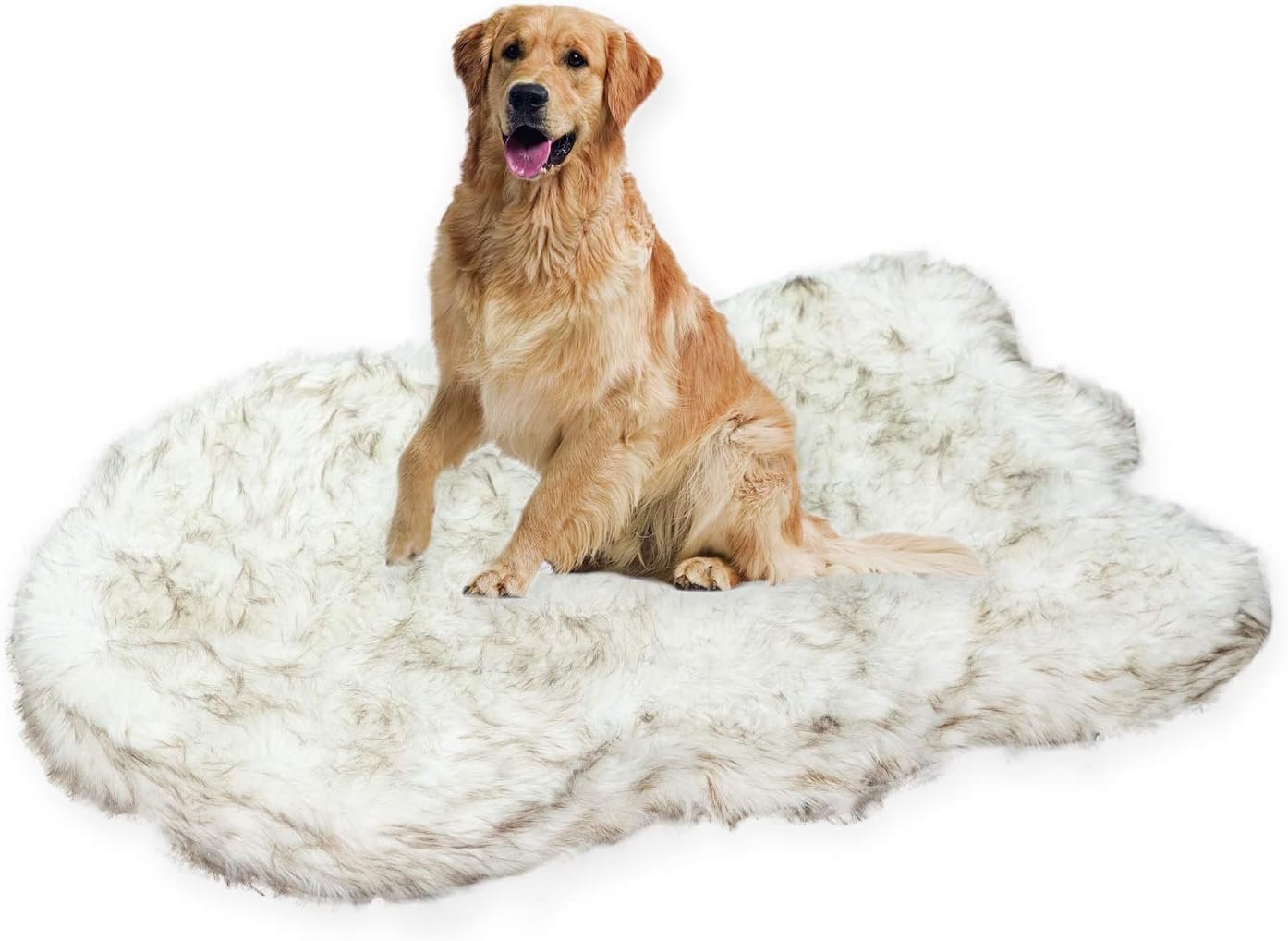 Laifug Luxury Faux Fur Orthopedic Dog Bed, Memory Foam Dog Bed, Suitable for Medium, Large and Extra Large Pets, Waterproof, Removable and Washable Cover (White with Brown Piping, 50×30 inches)