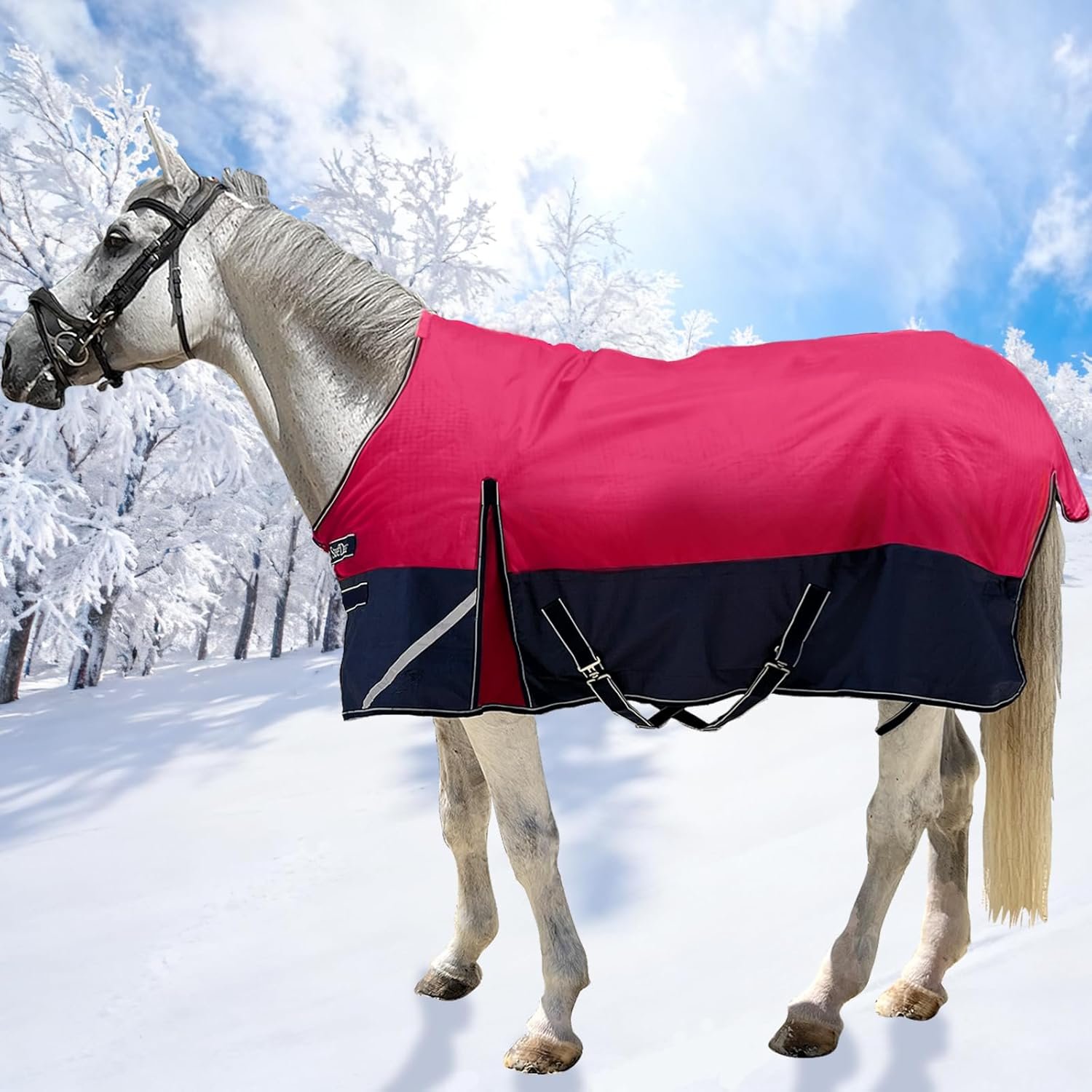 1200D Horse Blanket Turnout Sheet Waterproof and Breathable Lightweight/Medium Fill,Horse Turnout Rug for Real Horses, with Reflective Strips Design (Red/Blue 200g Fill, 69”)