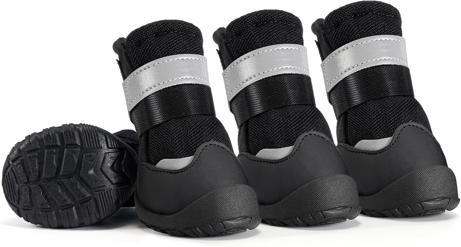 Dog Shoes for Hot Pavement, Breathable Mesh Dog Boots 4 Pack for Medium Large Dogs, Anti-Slip Paw Protectors with Reflective Straps, Easy-On Dog Booties for Summer Walking Hiking (Black, Size 7)