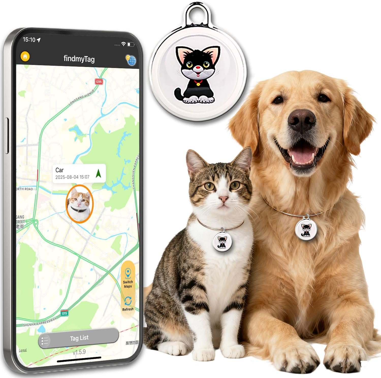 GPS Tracker for Dogs, Mini Cat Tracker, Smart Pet Tracker, Real-Time Tracking & Anti-Lost Alerts, No Monthly Fee, No SIM Card, Waterproof & Drop-Proof, 365-Day Battery Life, Works with iOS & Android
