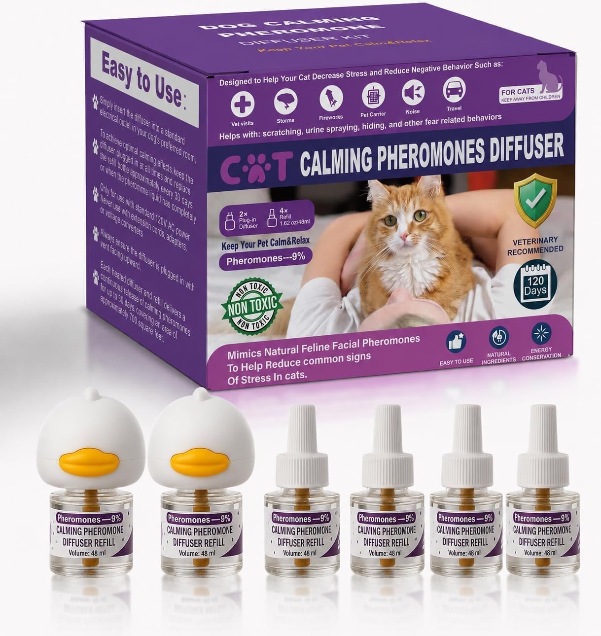 Cat Pheromones Calming Diffuser, Cat Calming Plug In Pheromone Diffuser Starter Kit with 2 Diffusers + 4 Refills – Relieve Anxiety, 120 Days Starter Kit Long-Lasting Stress Relief for Cats (Purple)