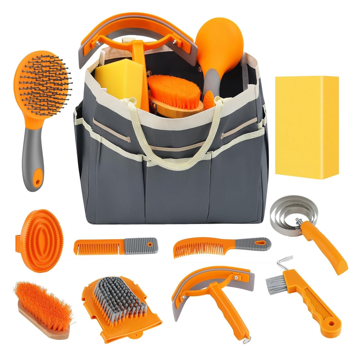 Professional Horse Brush Kit with Storage Tote, 12-Piece Grooming Set for Daily Stable Care, Includes Curry Comb, Hoof Pick & Mane Brush