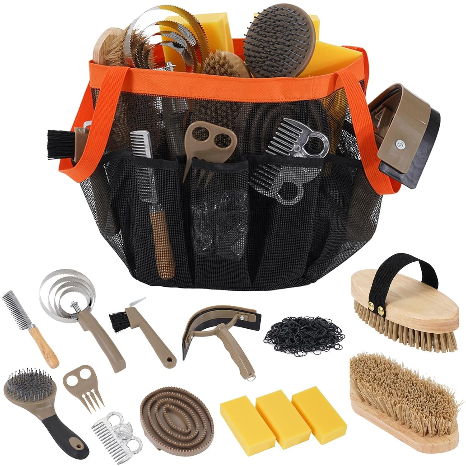 Uross Horse Grooming Kit 15PCS – Horse Brush Set with Organizer Tote Bag Care Cleaning Kit with Brush & Comb, Professional Equine Coat Care Gifts for Horseriders Beginner