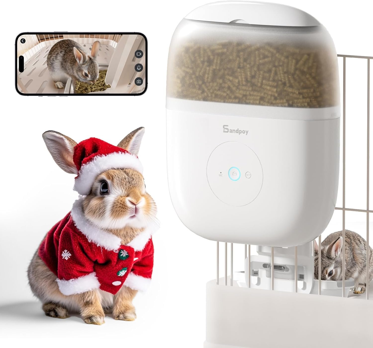 Sandpoy Hanging Automatic Rabbit Feeder with 1080P Camera, 62oz Storage, Multiple Pet Cage Compatibility, Customized Feeding Schedule- Perfect for Ferrets, Cats, Guinea Pigs, Chinchilla and Hedgehog