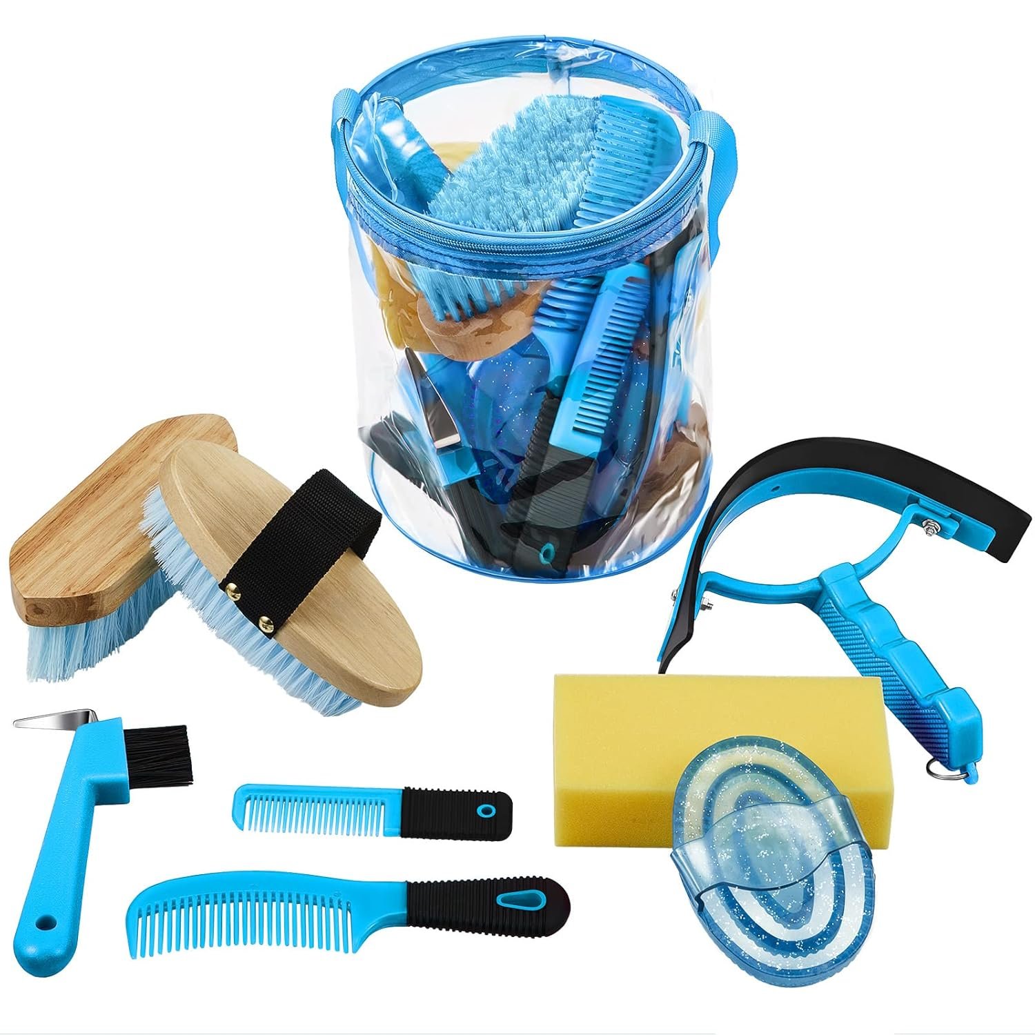 Cunhill 9 Pcs Horse Grooming Kit Tack Room Supplies Set with Tote Bag, Oval Massage Curry, Hard and Soft Brush, Hoof Pick, Sweat Scraper, Bathing Sponge, Comb for Horse Rider(Cute,Blue)