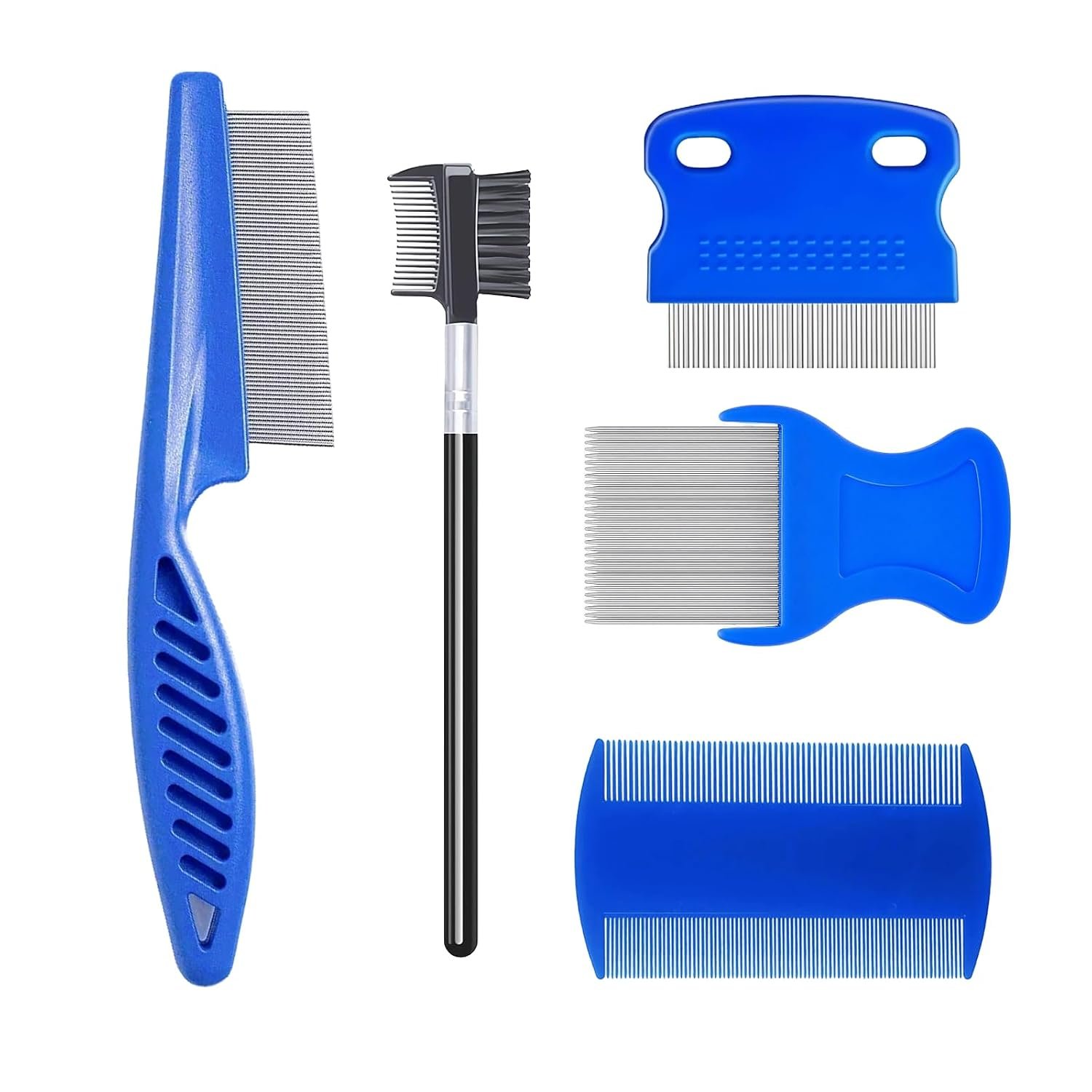 MEDUWEDU 5 Pack Flea & Lice Comb Set for Cats, Dogs & Kids – Stainless Steel Fine Tooth Nit Comb Kit with Double-Sided Tear Stain Remover, Grooming Brush & Peine para Piojos for Thick Hair (Blue)