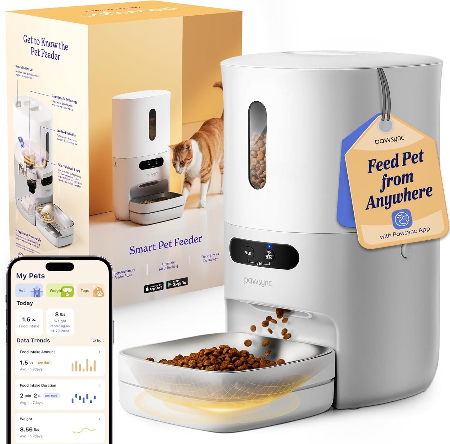 Pawsync Automatic Cat Feeder, WiFi Smart Scale Tracks Pet’s Food Intake, App Control, 3.6L Timed Food Dispenser for Cats and Dogs, Up to 10 Meals Per Day, Stainless Steel Bowl, Dual Power Supply