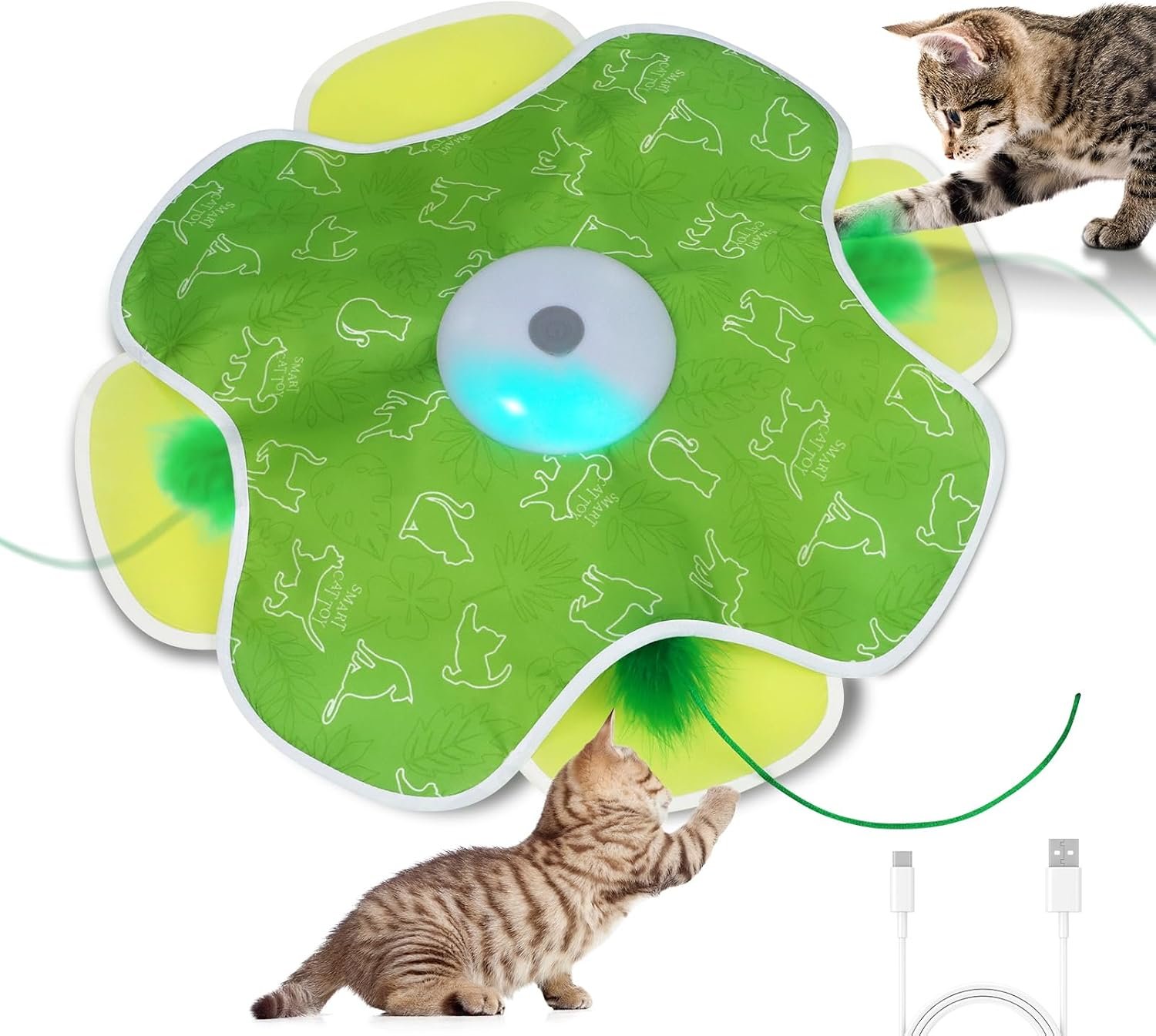 Saolife Interactive Cat Toys with Moving Feather Concealed in Mat, Rechargeable Cat Exercise Toys for Bored Cats with Motion Activated, Mouse Squeaky (Green)