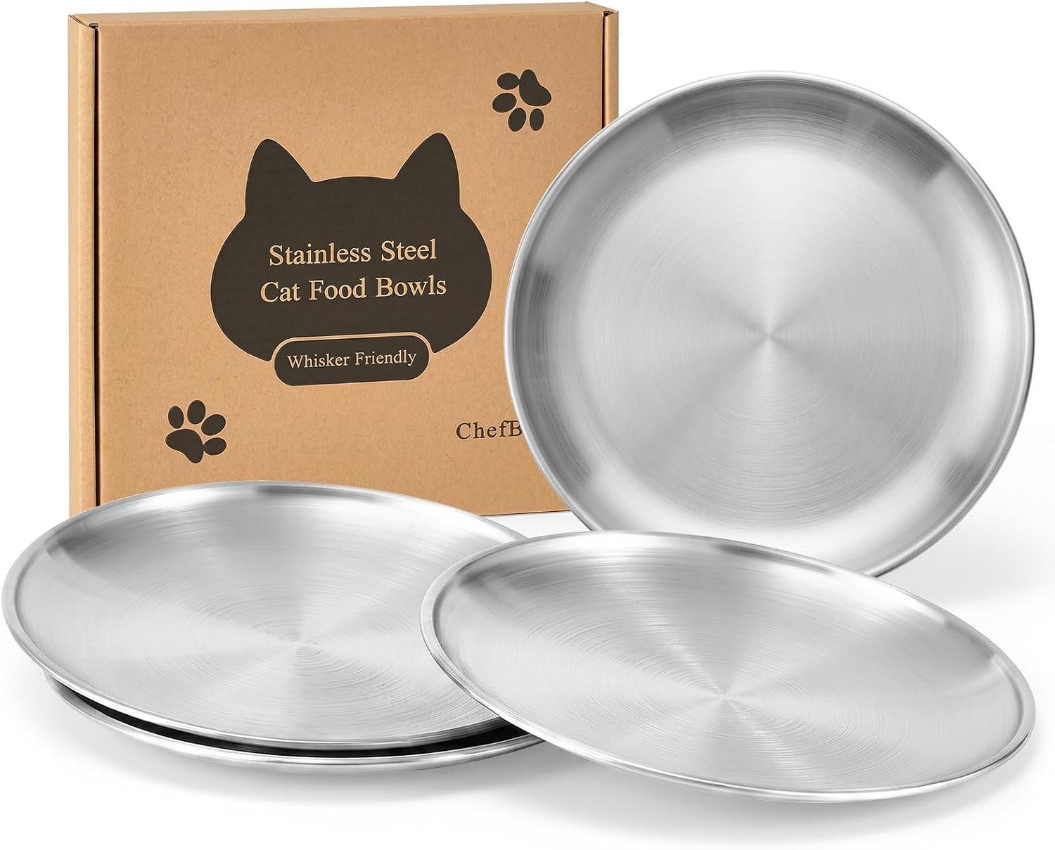 ChefBee Stainless Steel Cat Bowls – 4PCS 6.7″ Metal Flat Shallow Wide Whisker Friendly Cat Food Water Feeding Bowl Dishes, Plates, Basic Indoor Pet Food Tray for Multicats, Kittens, Easy to Clean