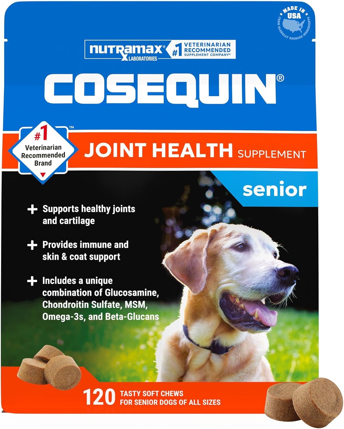 Nutramax Cosequin for Senior Dogs Joint Health Supplement, Contains Glucosamine, Chondroitin, MSM, Omega-3s and Beta-Glucan, Supports Joint, Skin and Coat, Immune Health, Soft Chews, 120 Count