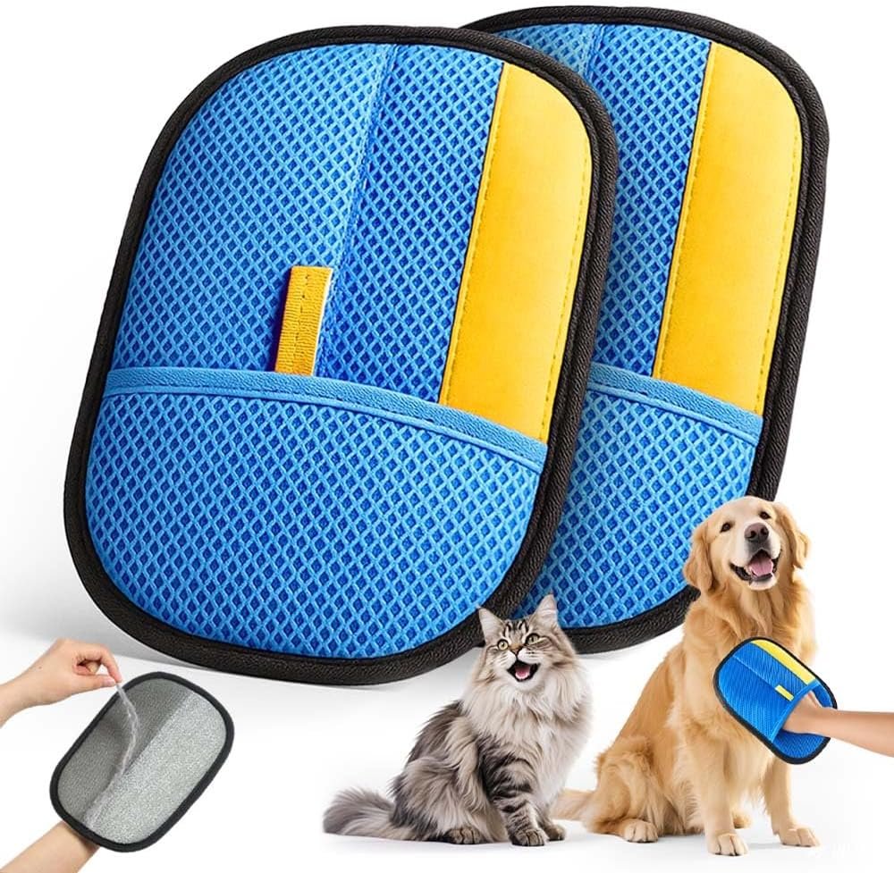 2026 Thickened Electrostatic Pet Hair Removal Gloves (2 Pcs) – Reusable Strong Grooming Gloves for Cats & Dogs, Hair Remover Gloves for Couch, Furniture, Carpet, Car Seats & Clothing Blue