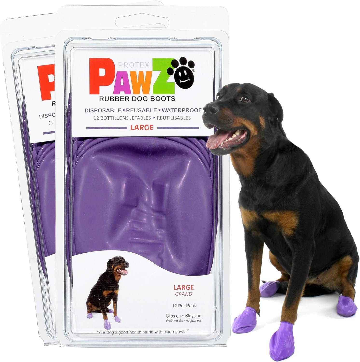 PawZ Rubber Dog Boots for Large Paws – All-Weather Waterproof Dog Shoes, Anti-Slip Traction for Rain, Snow, Mud & Hot Pavement – Pull-On Dog Booties, Purple – Large (3″- 4″) – Pack of 24