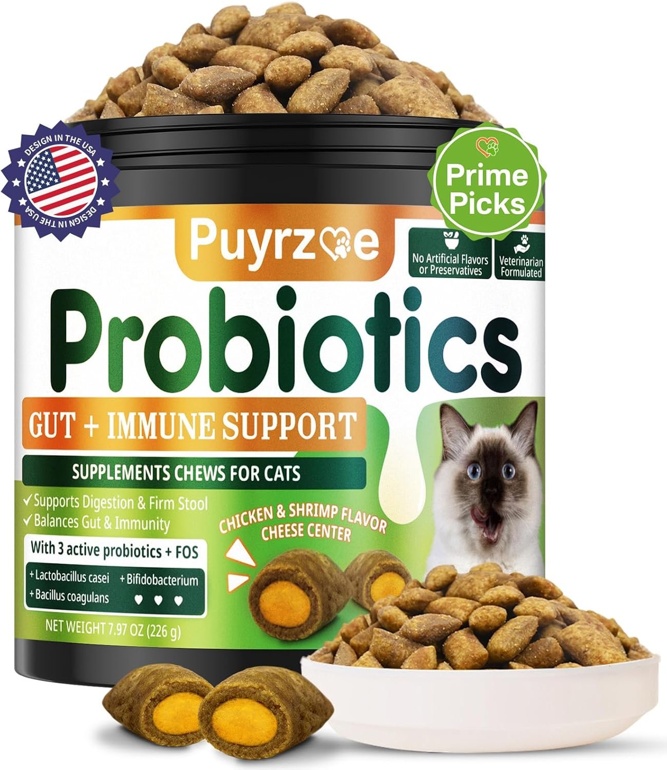 Puyrzoe Cat Probiotics & FOS Chews – Digestive + Gut Support, 500 Crunchy & Creamy Chews, Constipation Relief + Nutrient Absorption + Immune, Daily Probiotics Chews for Cats Kittens (Chicken Shrimp)