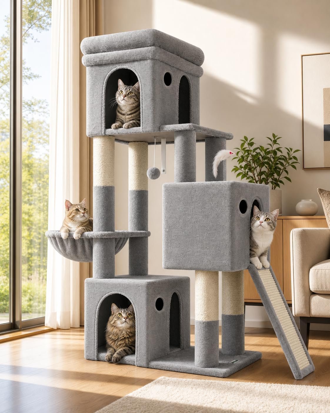 Globlazer Heavy Duty Cat Tree for Indoor Cats Large Adult, F52B, Light Grey | 3 Condos, Extra-Large Baseboard, Removable Top Perch, 4 Sisal Posts & Board, Hanging Basket, Anti-Topple Strap, Easy Setup