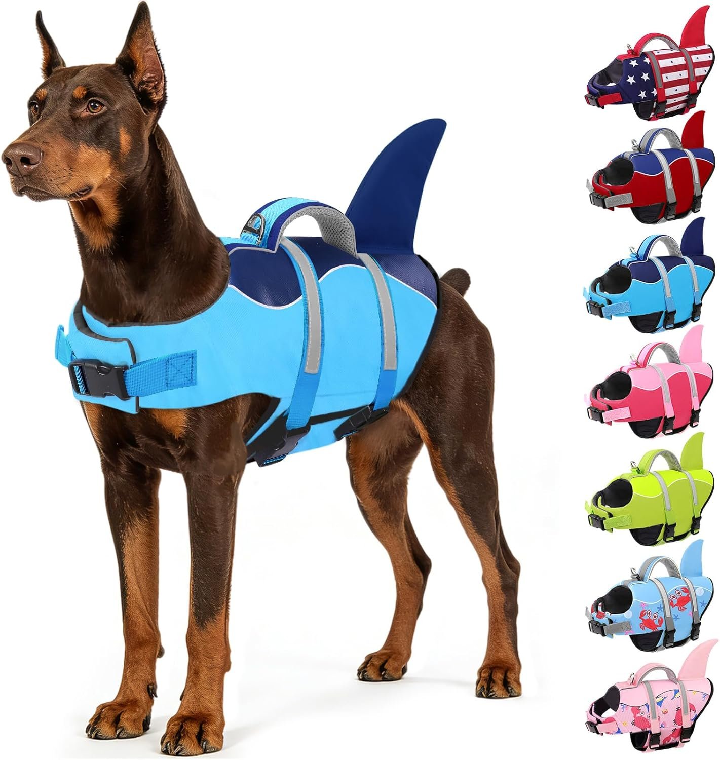 AOFITEE Dog Life Jacket, Dog Life Vest for Swimming, Shark Dogs Swimming Vest with Rescue Handle and Reflective Stripe, Ripstop Pet Float Coat Swimsuit Lifesaver Small Medium Large Dogs Blue XS
