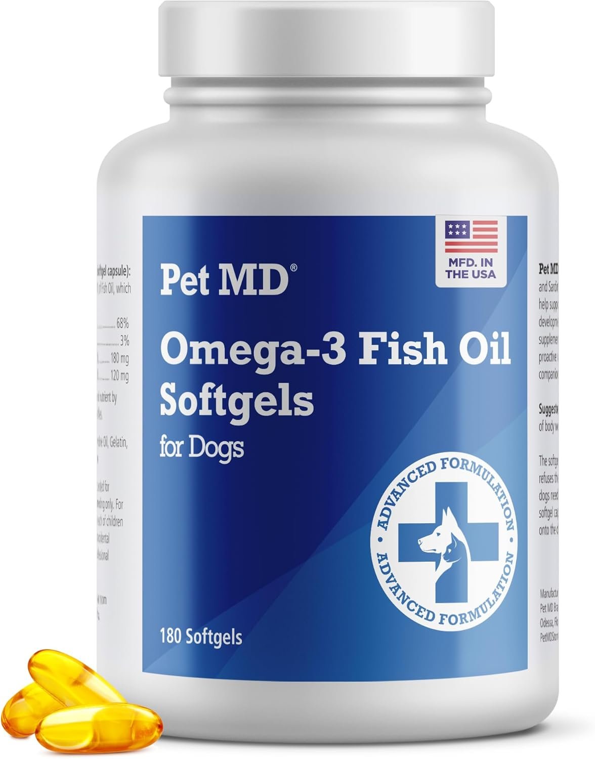 Pet MD – Omega 3 Fish Oil Supplement for Dogs – Skin and Coat Support for Dogs – 180 Softgels