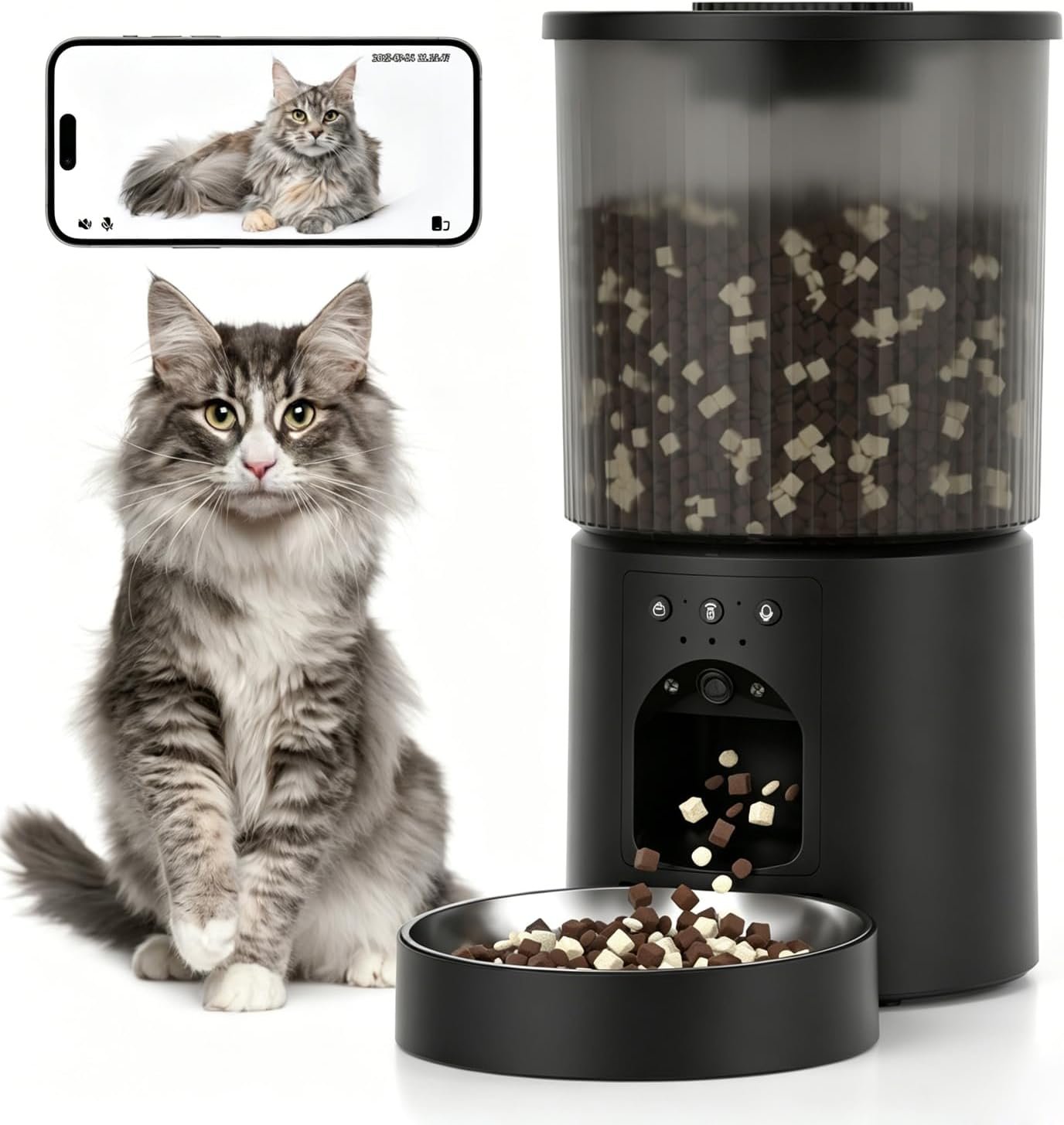 Automatic Cat Feeder, 4.5L Easy Install Pet Food Dispenser, 1080P HD Camera, 5GWIFI with Night Vision, Motion Alarm, Stainless Steel (Black)