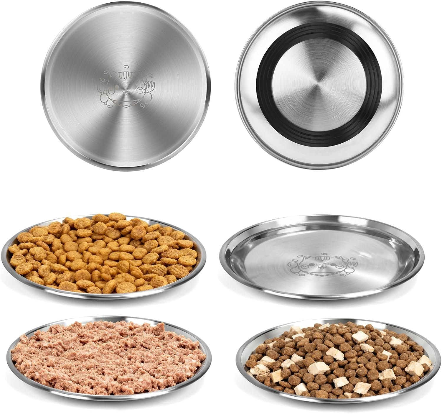 Stainless Steel Cat Bowls, 4 Pack 6.7″ 13oz Shallow Cat Food Bowl, Whisker Friendly Cat Plates with Non-Slip Silicone Bottom, Cute Wide Flat Bowl Cat Kitten Small Dog Metal Dishes for Indoor Feeding