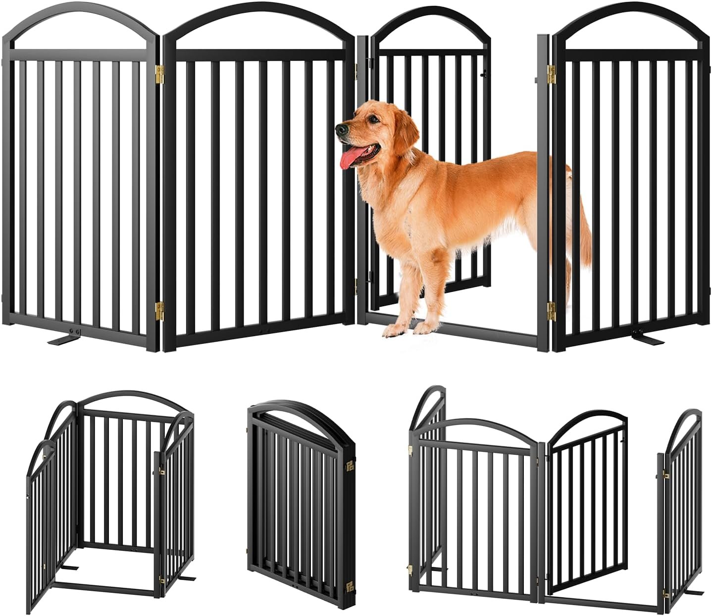 SNUOWU 4 Panels Full Matel Freestanding Dog Gates with Door, 96″Extra Wide 32″Tall Free Standing Dog Pet Gate for Indoor & Outdoor. Foldable Pet Fences for Doorways, House, Stairs, Porch, Deck, Yard
