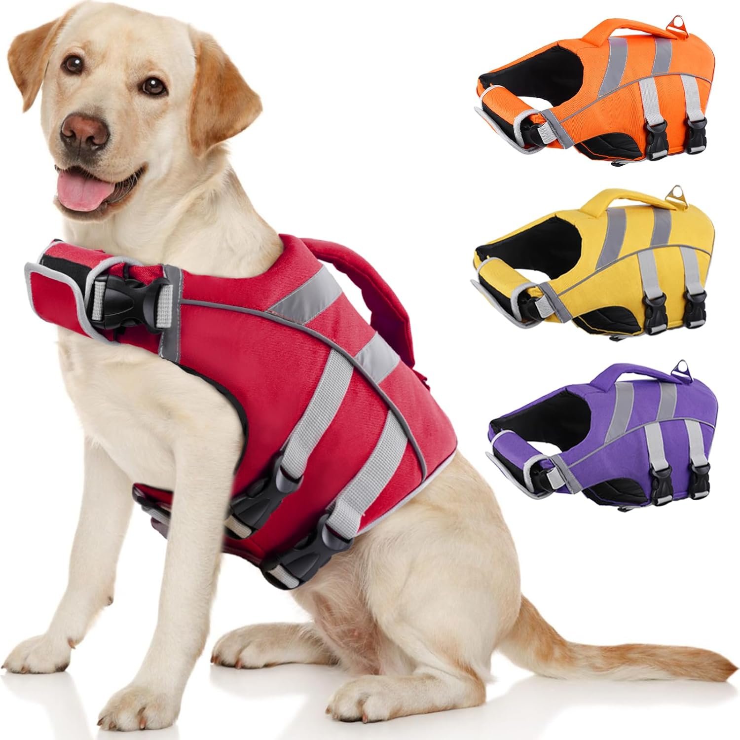 Kuoser Dog Life Jacket with Reflective Stripes, Dog Life Vest for Swimming Boating, Adjustable Pet Lifejackets with High Flotation, Doggie Swimsuit for Small Medium Large Dogs