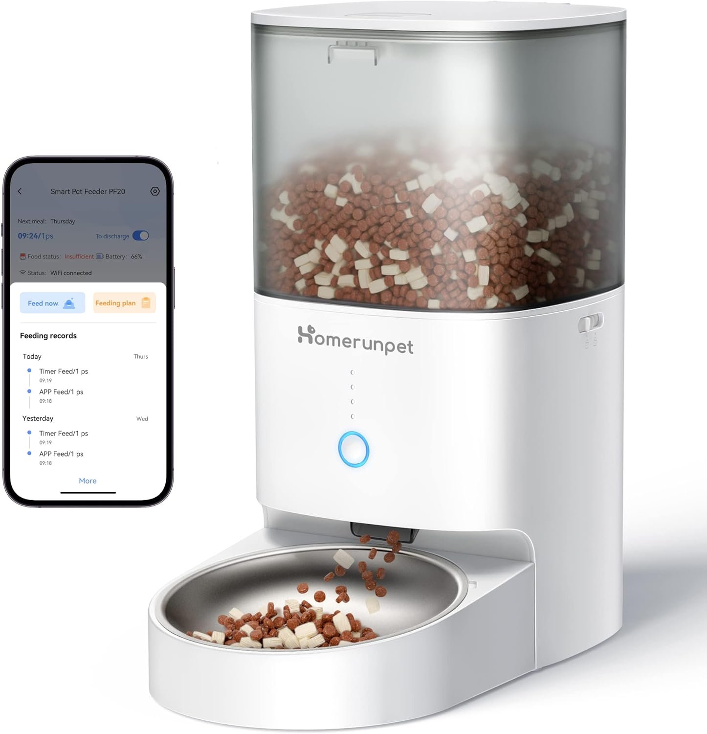 Homerunpet Automatic Cat Feeder – 4L Timed Pet Feeder, No Jam Freeze Dried Safe, WiFi & Bluetooth App Control, 30-Day Freshness for Cats and Small Dogs (Stainless Steel Bowl)