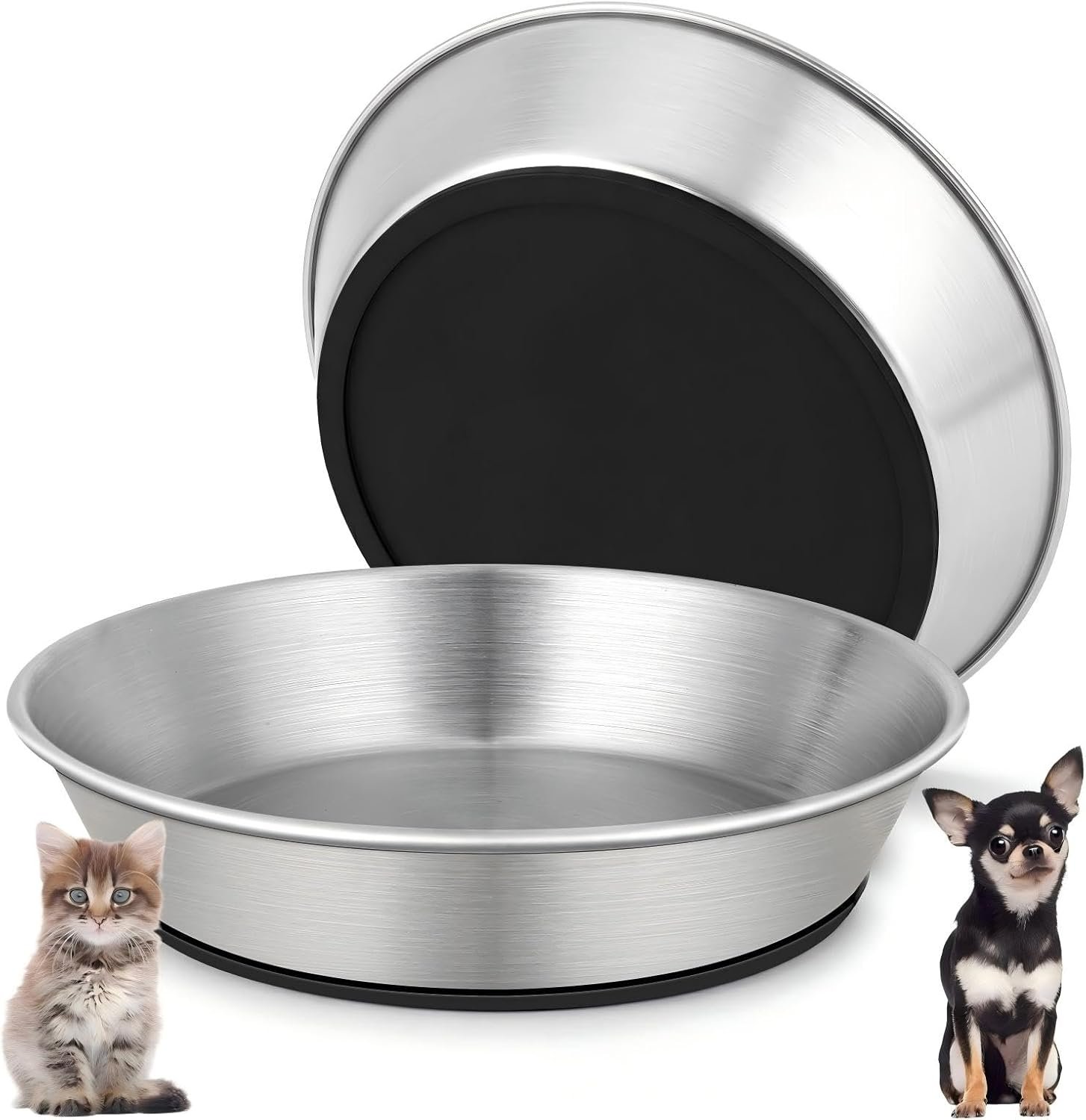 2 Pack Stainless Steel Cat Bowls for Food and Water, Shallow Non-Slip Silicone Bottom Dishes for Cat and Small Dog Puppies, Capacity of 13 Oz, Size: 6″ Width and 1.26″ Height (Black)
