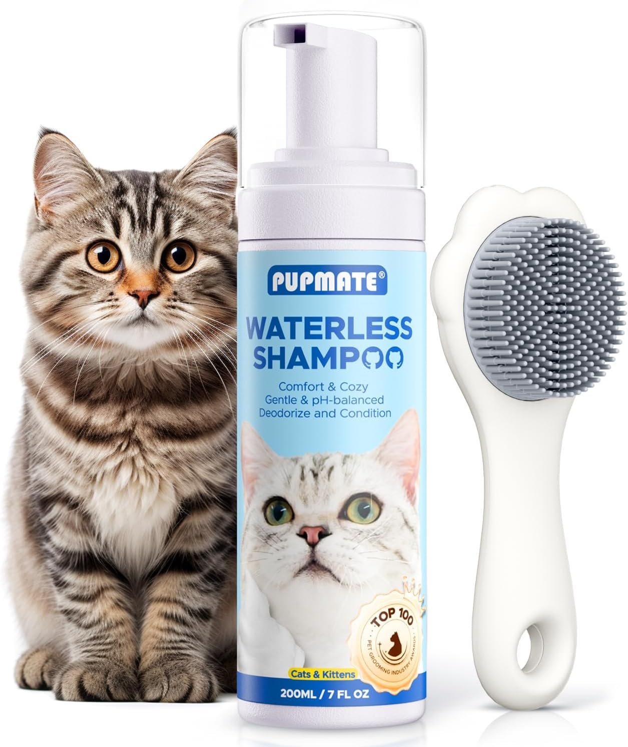 Cat Waterless Shampoo with Brush – No Rinse Formula for Quick Clean Between Baths, Hypoallergenic & Detangling, Reduce Itchy Skin Shedding & Odor Control,Vet-Recommended for Kittens/Senior Cats