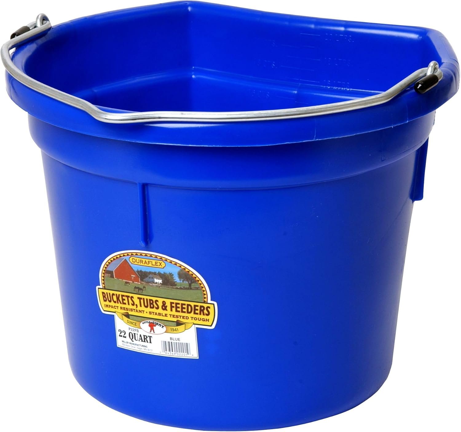 Little Giant® Flat Back Plastic Animal Feed Bucket | Animal Feed Bucket with Metal Handle | Horse Feed & Water Bucket | 22 Quarts | Blue