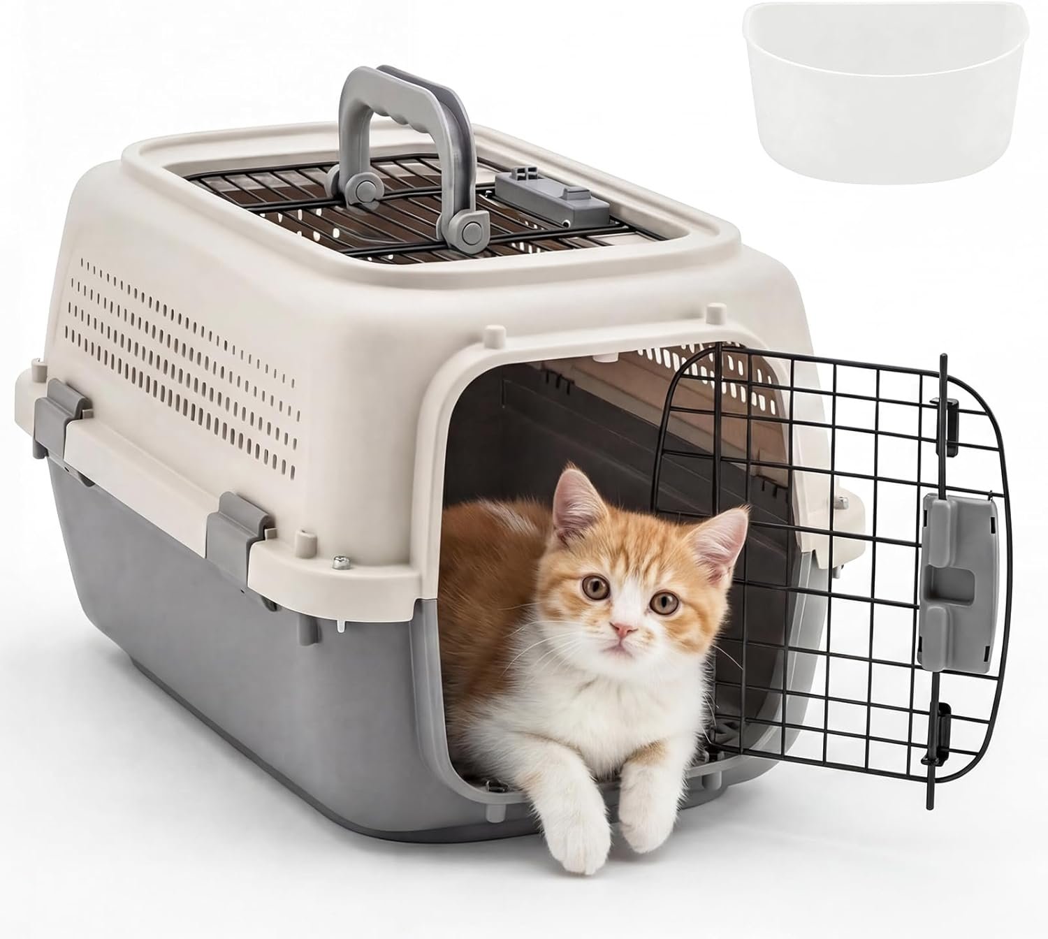 DUMOS 23″ Hard-Sided Pet Carrier for Small Dogs & Cats, Airline Approved Travel Crate with Enhanced Security Latches, Front & Top Load Wire Door, Food Bowl for Traveling, Hiking, Camping – Beige&Grey
