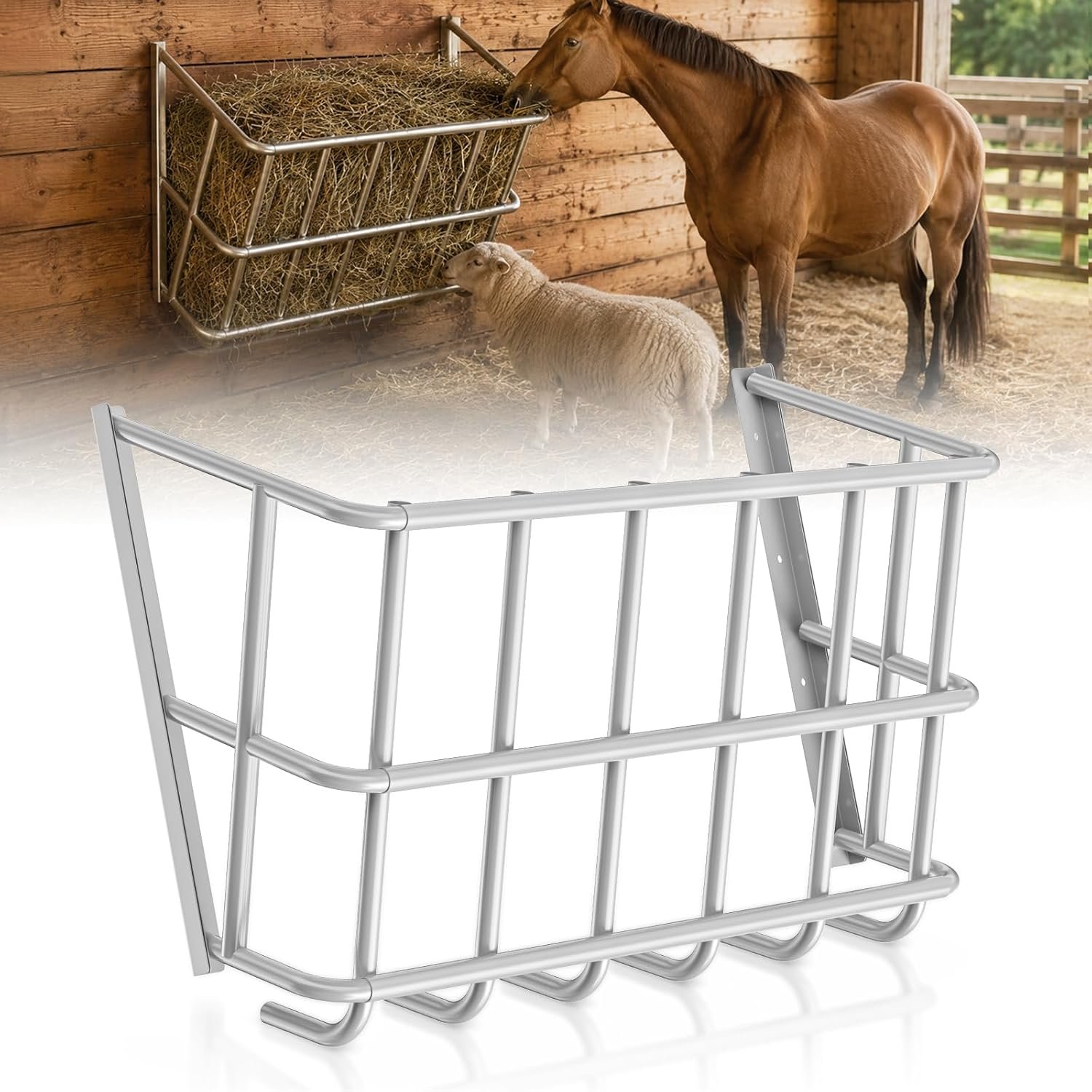 Hay Feeder for Goats & Horses, 20 Gallon Wall Mounted Metal Hay Rack, Heavy Duty Livestock Feeding Rack for Sheep, Farm & Barn Use