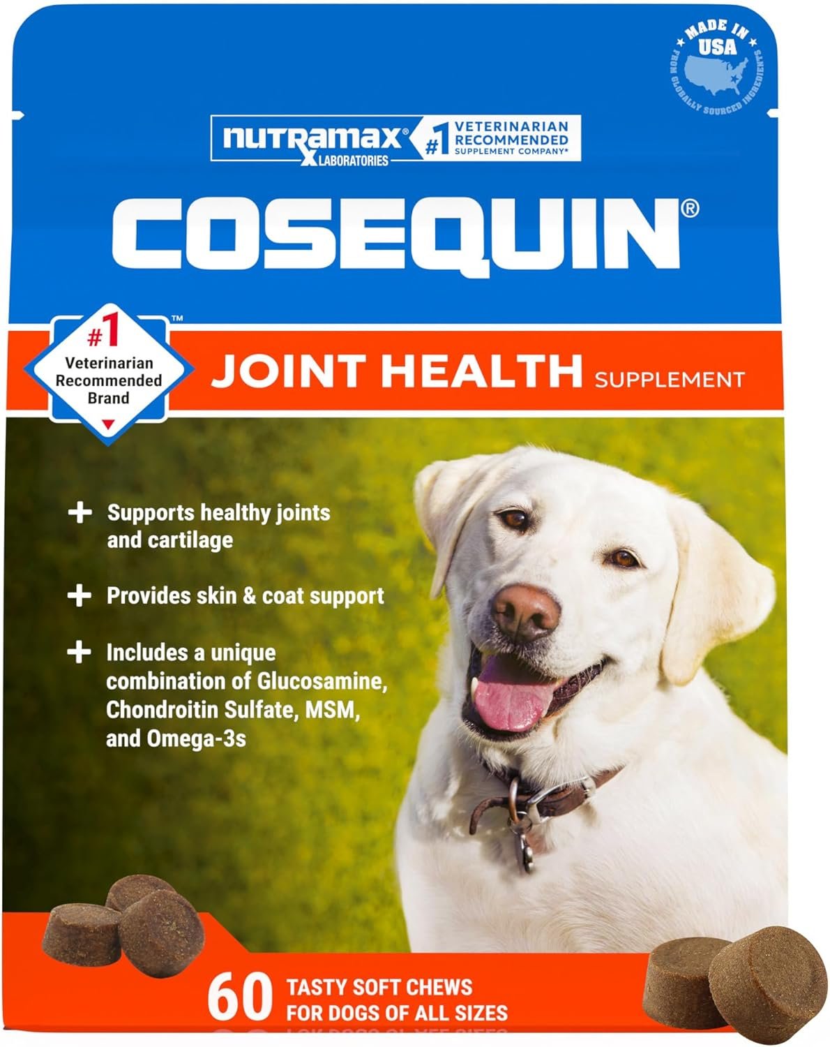 Nutramax Cosequin for Dogs Joint Health Supplement, Contains Glucosamine for Dogs, Chondroitin, MSM and Omega-3s, Supports Joint and Skin and Coat Health, Soft Chews, 60 Count