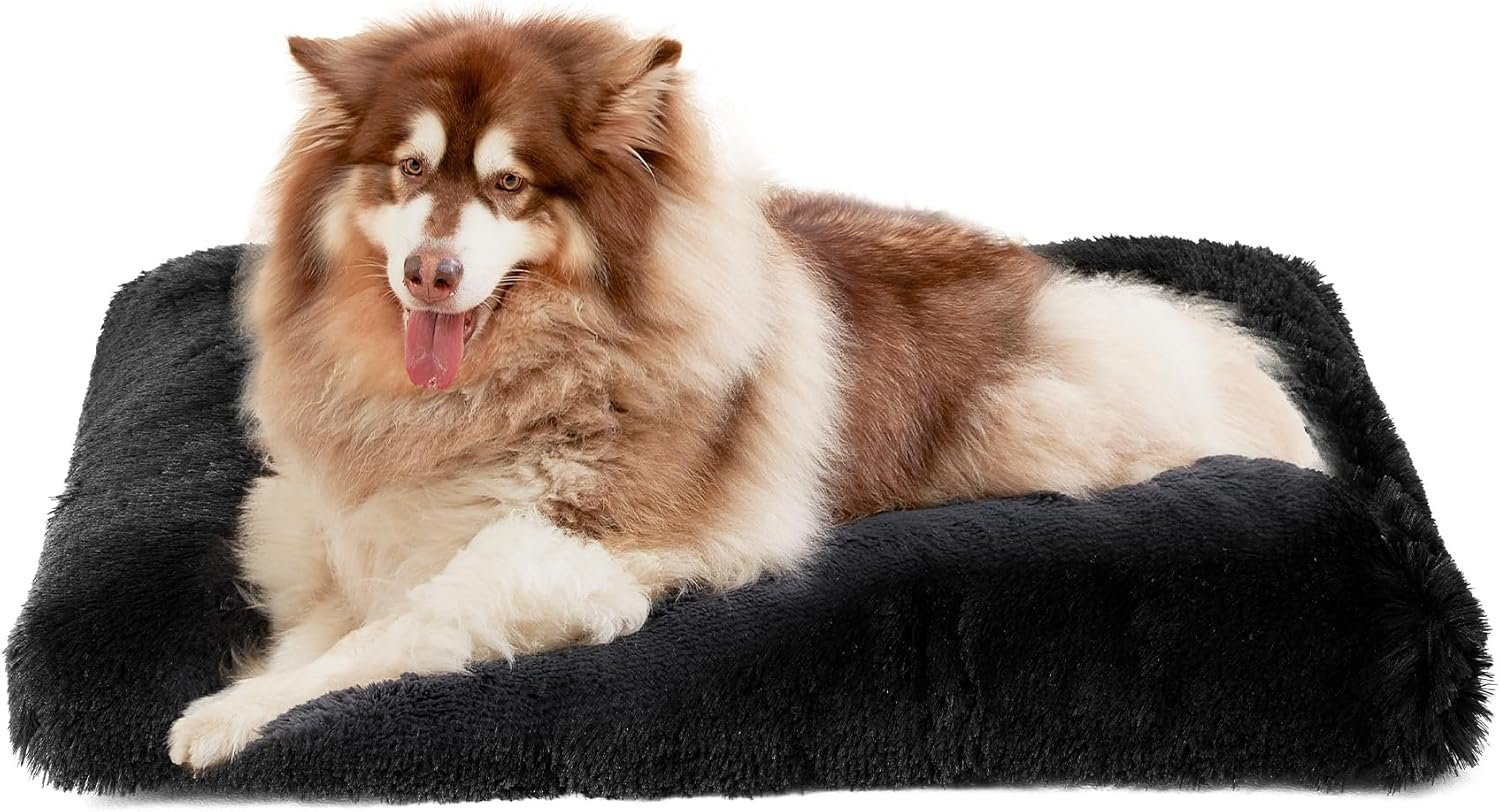 EHEYCIGA Fluffy XXL Dog Crate Pad, Plush Faux Fur Dog Bed for Extra Large Dogs, Calming Anti Anxiety XXL Bed, Washable Soft Warm Crate Mat with Non-Slip Bottom, Black