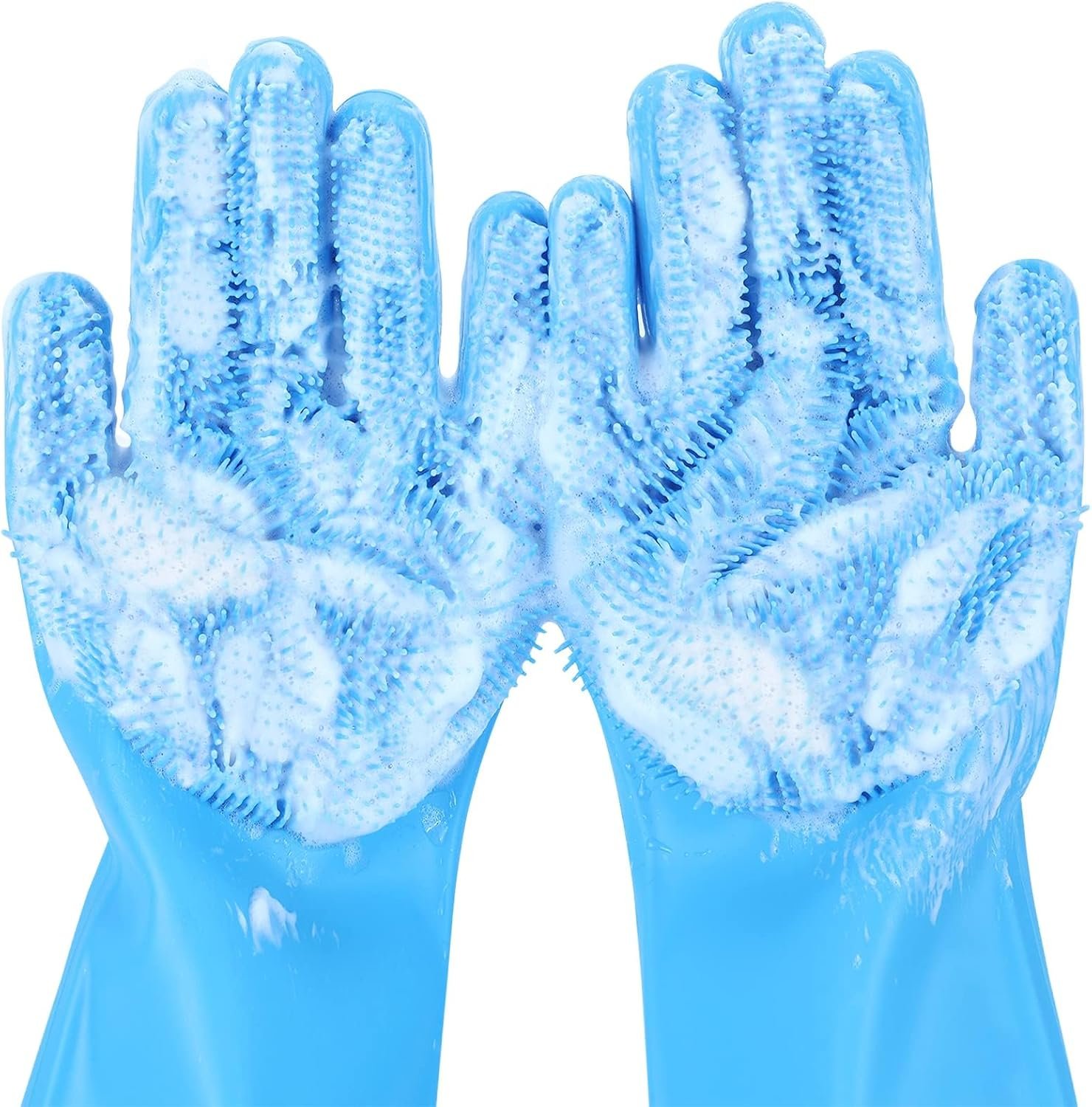 Pecute Pet Grooming Gloves – Heat Resistant Silicone Gloves with High-Density Teeth, Enhanced Five Finger Design for Bathing and Massaging Dogs and Cats, Blue | 3,000 soft bristles, Gentle massage & deshedding, Dishwasher safe, For large/thick coats, Home/car cleaning