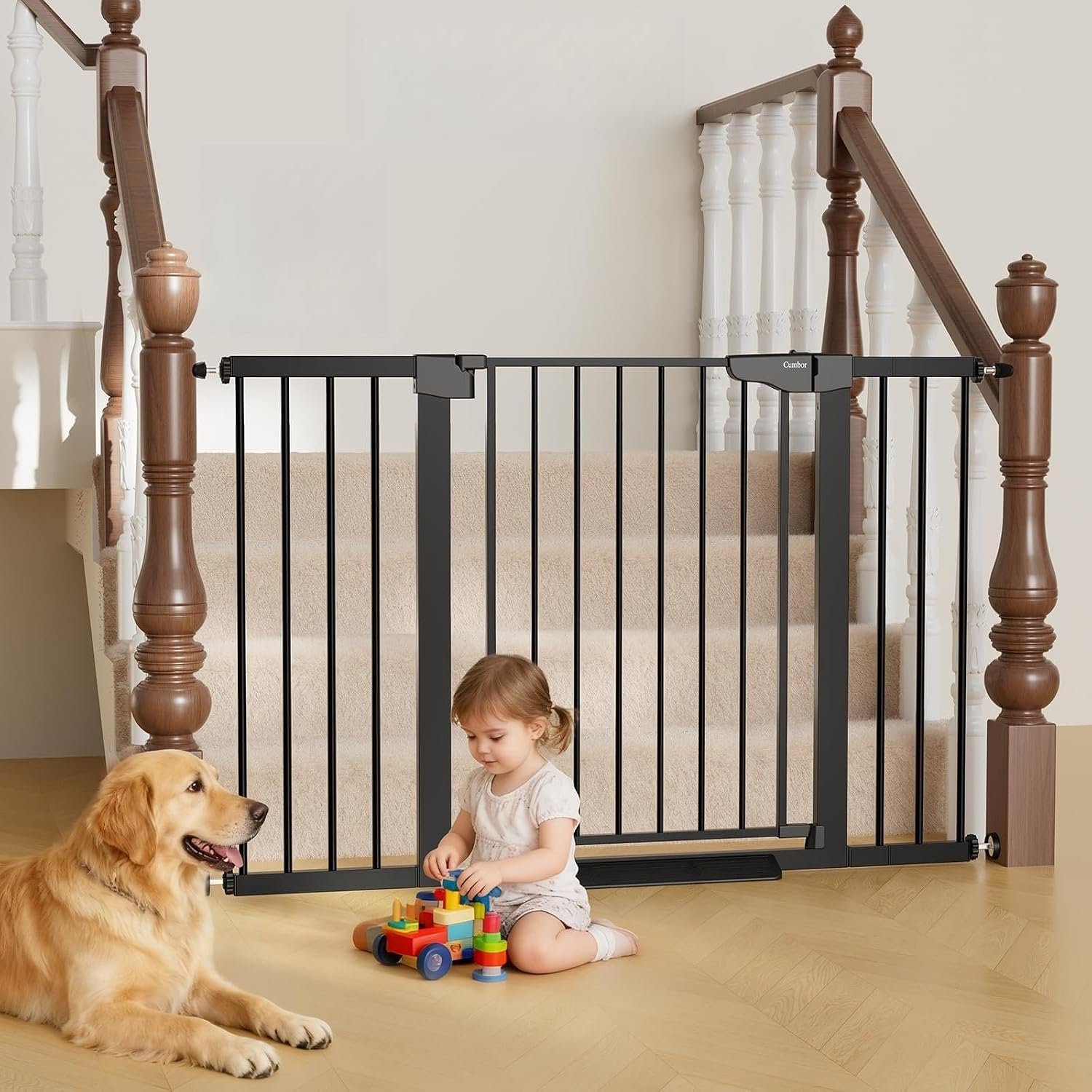 Cumbor 29.7–51.5″ Extra Wide Baby Gate for Stairs, Pressure-Mounted Dog Gates for Doorways & Hallways, Auto-Close Walk-Through, No-Trip Design, Child Proof Safety, Dog/Pet Gate for Indoor Use, Black