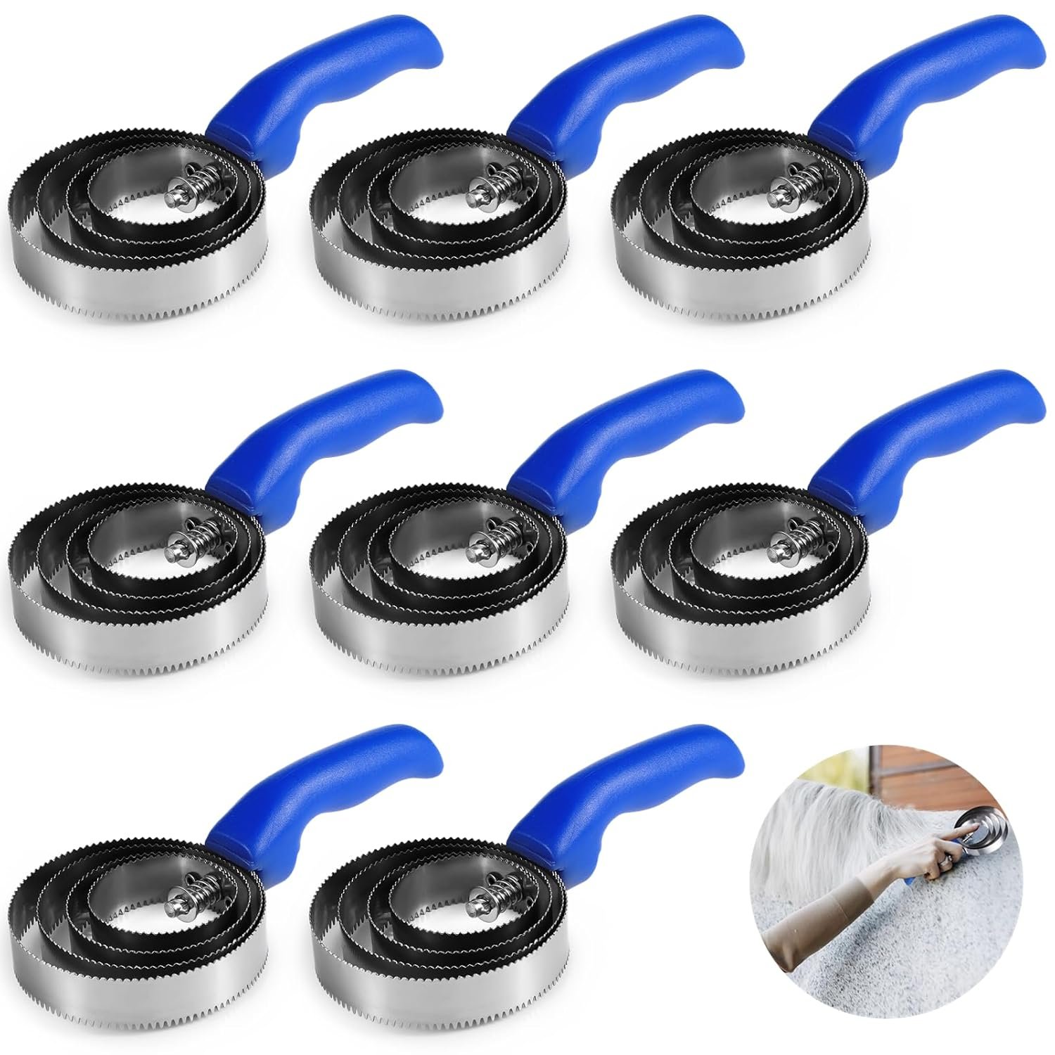 8 pack Reversible Stainless Steel Curry Comb, 4-Ring Metal Curry Brushes with Soft Touch Grip, Horse Brush Scrapers with Comfortable Grip for Cow Sheep Pet Dog Goat Horse
