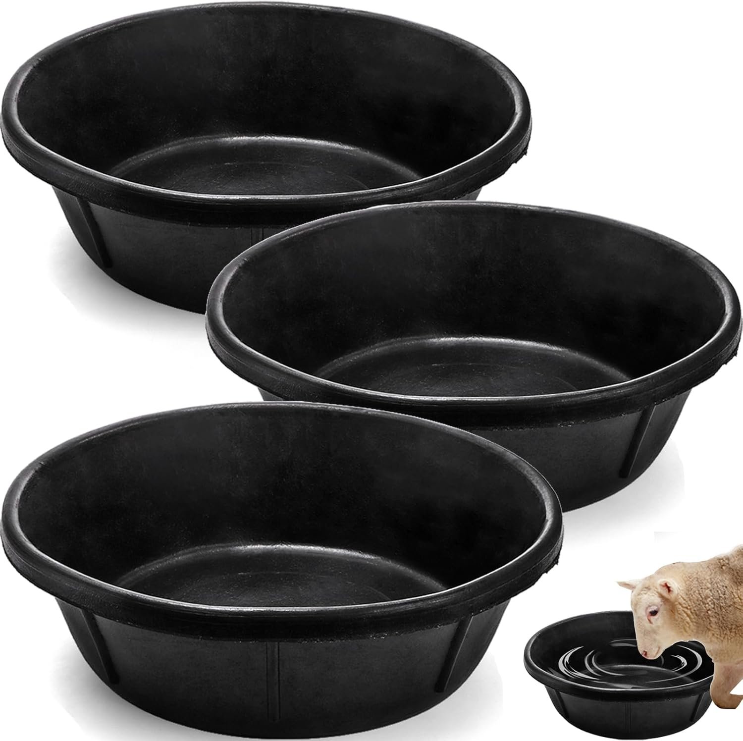 Cididu 3 Pack Rubber Feed Pan, 8 Quart Large Horse Feed Bucket, Heavy Duty Rubber Water Bowl for Livestock, Stackable Chicken Dust Bath Tub for Pig Goat Dog Cat Farm Animal Feeding, 14.5” x 4.5”