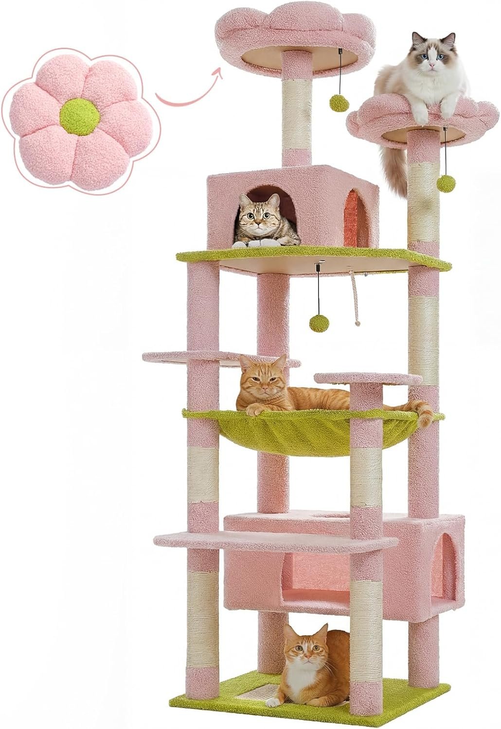 PAWZ Road Flower Cat Tree, 72 Inches Large Cat Tower with Steel Frame Hammock and 7 Scratching Posts, Tall Cat Tree with 2 Condos and Perches for Large Indoor Cats – Pink
