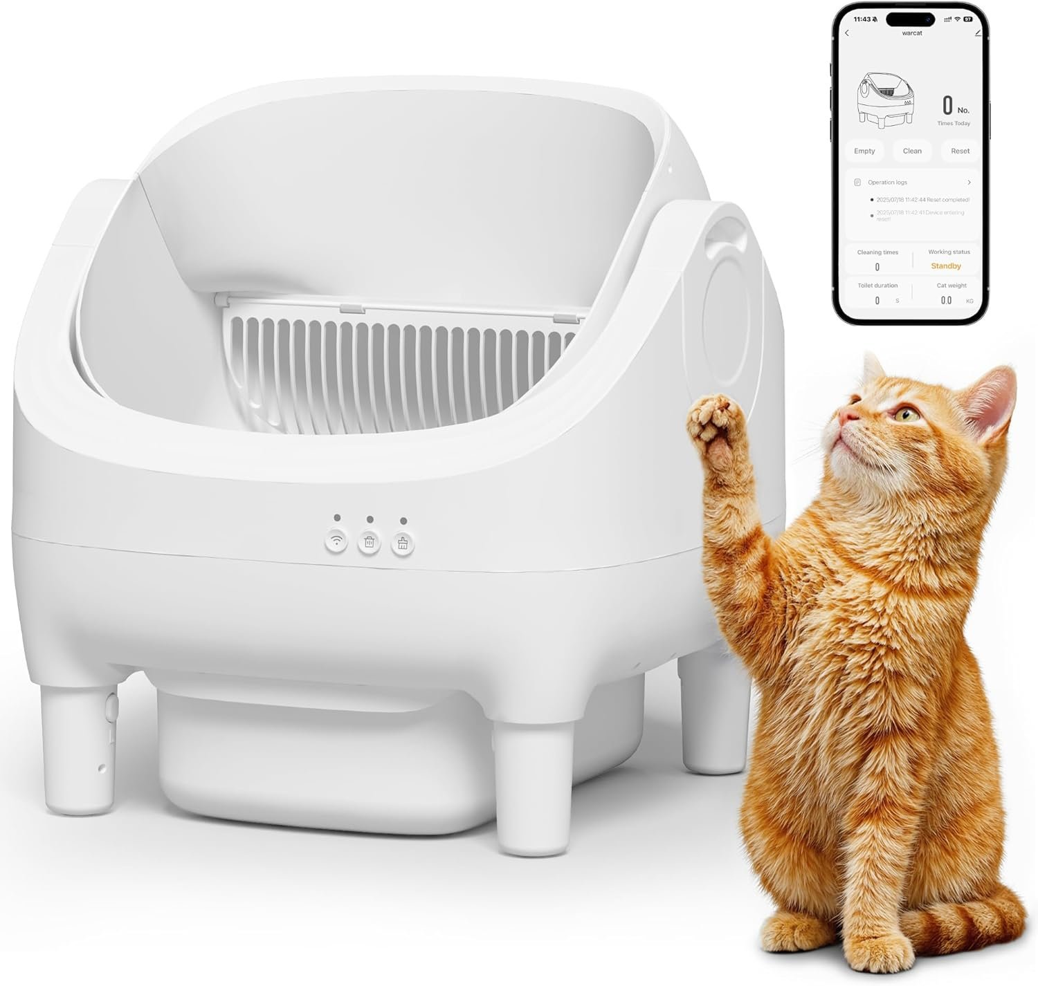 WARCAT Automatic Self-Cleaning Cat Litter Box, Open Top Smart Pet Potty with APP Control, 15L Large Capacity Waste Drawer, Odor Lock System, Includes Garbage Bags and Cleaning Mat (White)