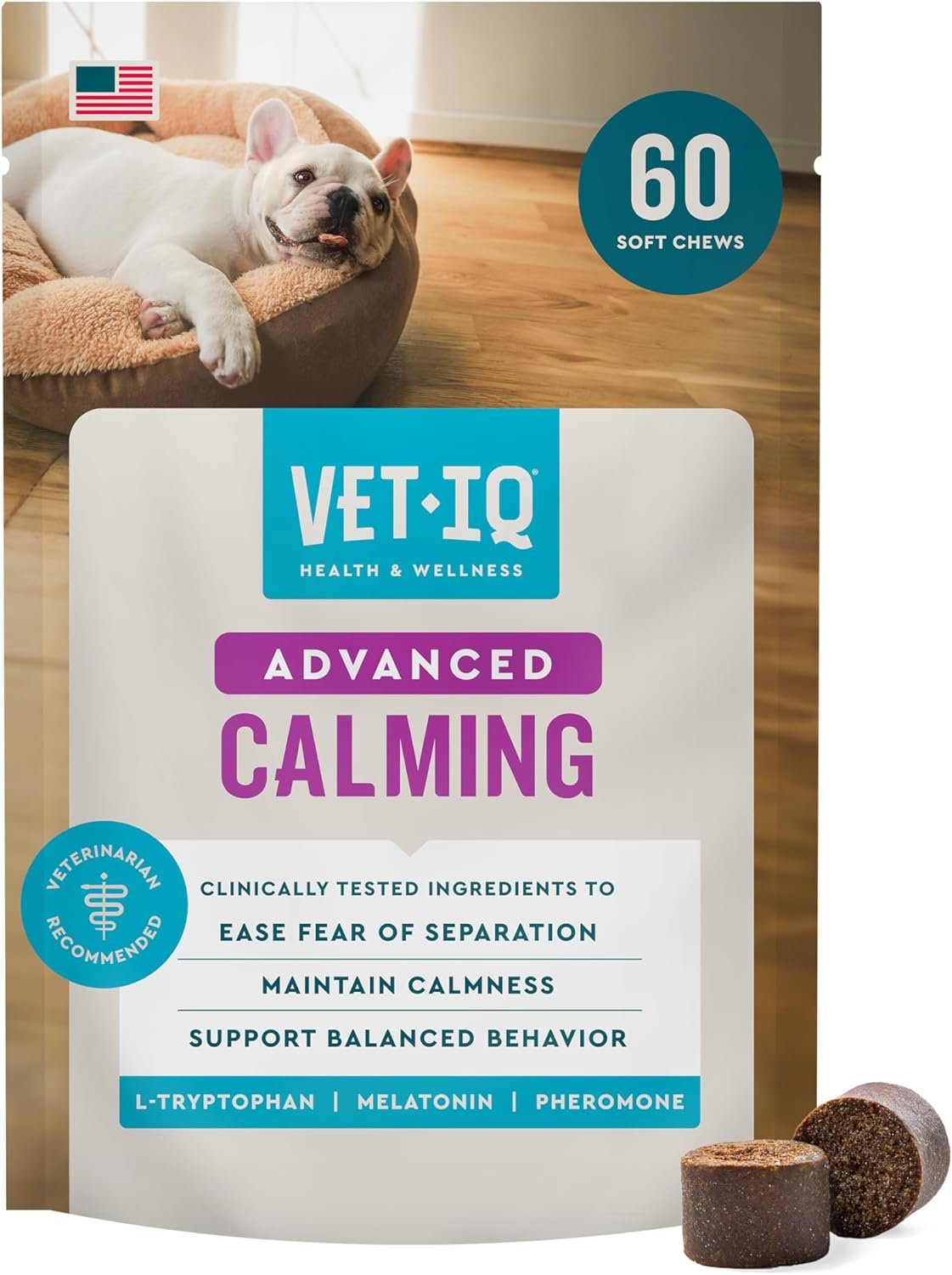VetIQ Advanced Calming Support Supplement for Dogs, Dog Calming Chews – Anxiety Relief Treats Stress and Promote Relaxation, Made in the USA, 60 Count