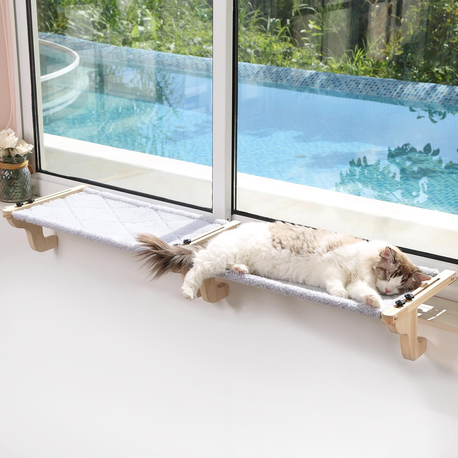 Zakkart 2PC Easy Seat Cat Perch for Window Sill – Hammock Design w/Pine Wood & Robust Metal Frame – Cat Window Seat for Large Cats and Kittens (Natural Color Wood w/Gray Bed, Medium (23”W x 14”D))