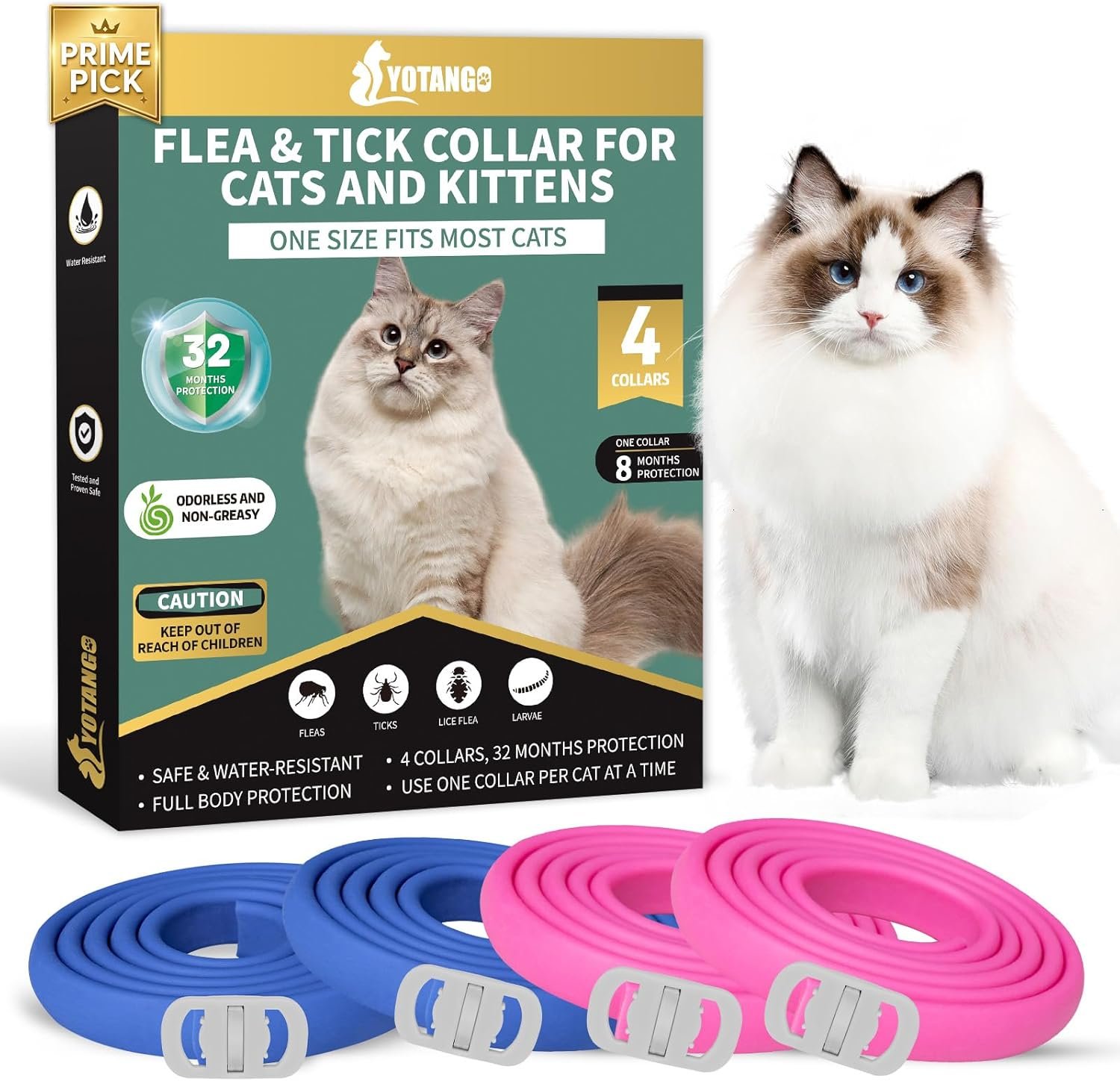 4 Pack Flea Collar for Cats, 32 Months Flea and Tick Prevention for Cat, Waterproof & Natural Cat Flea and Tick Treatment, Adjustable for Cats Kittens(Blue&Pink)