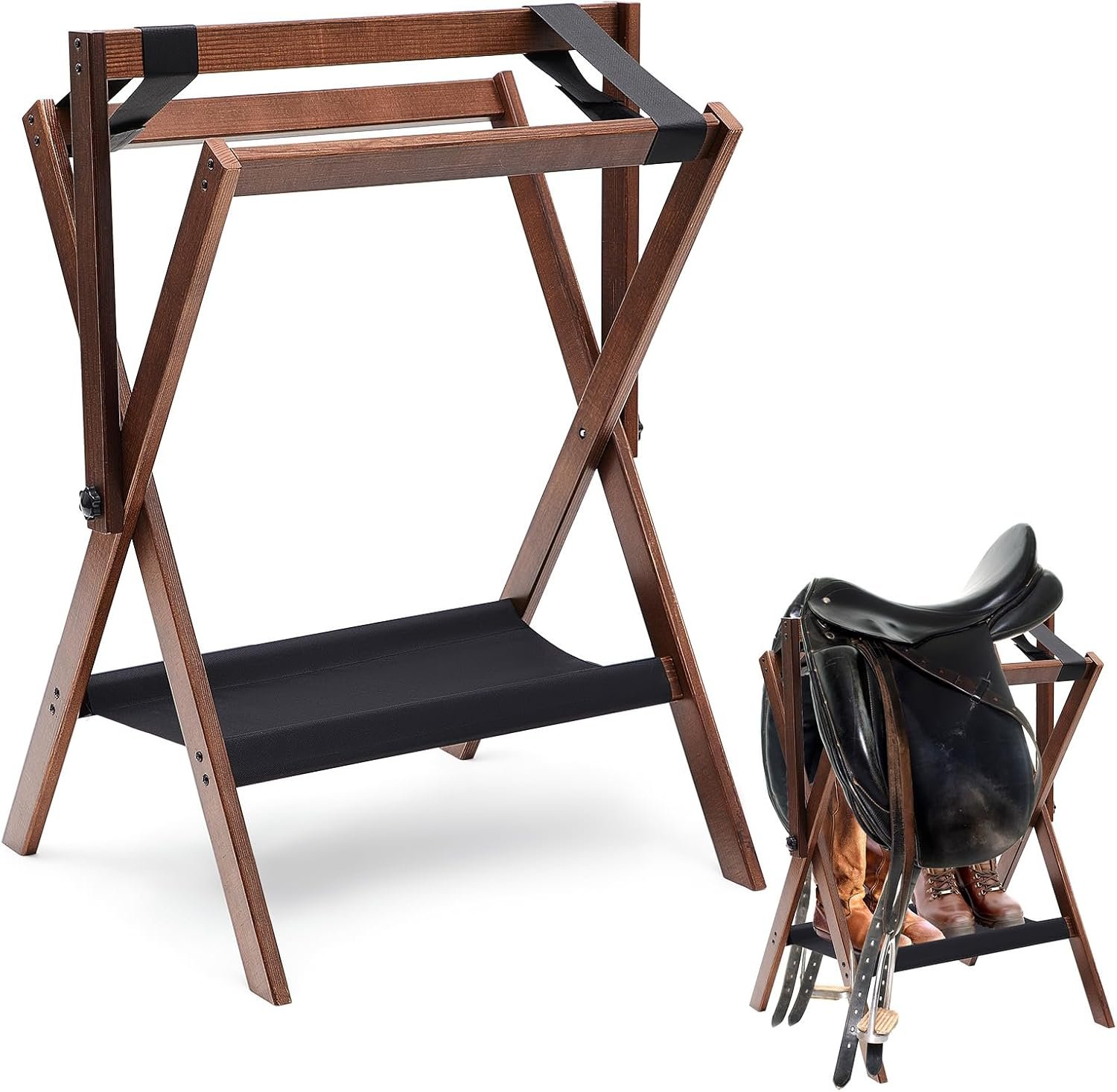 Leinuosen 1 Pack Pine Wood Saddle Rack Portable Folding Horse Saddle Stand 20″ L x 17″ W x 30″ H Storage Pad Rack Blanket Display Holder for English Western Horse Gear Tack Organizers (Vintage Brown)