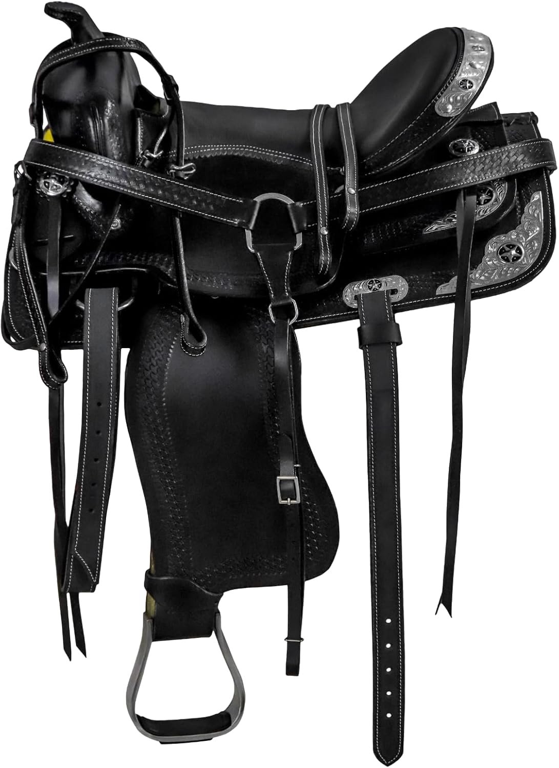 Barrel Brown Western Horse Trail Saddle Set Leather Horse Saddle with Headstall, Breast Collar Combo Rodeo Cowboy Riding Equestrian Comfortable Ride Black Saddle Tack Set